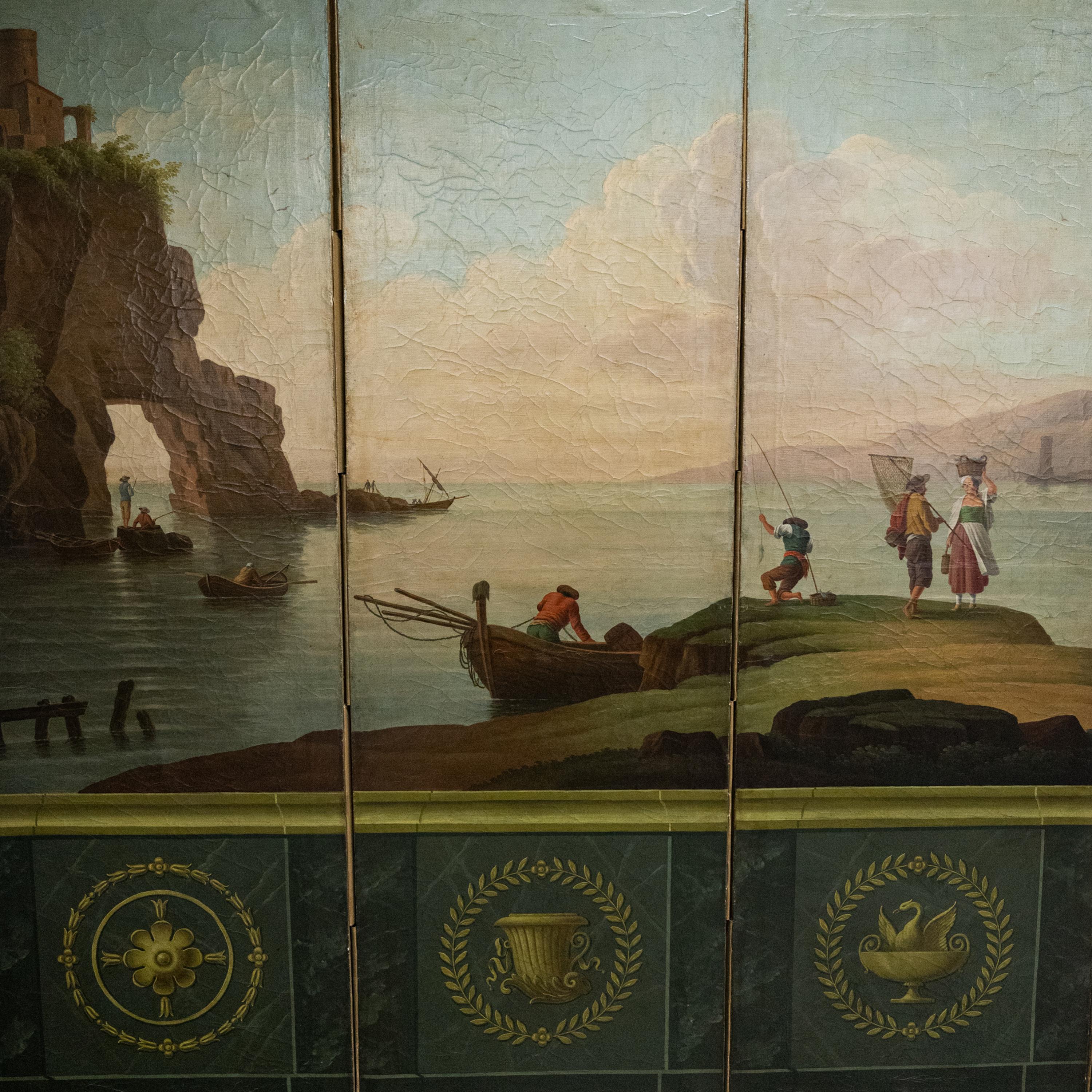 Néoclassique Antique huile italienne peinte écran néoclassique à 4 plis séparateur de pièce 1860