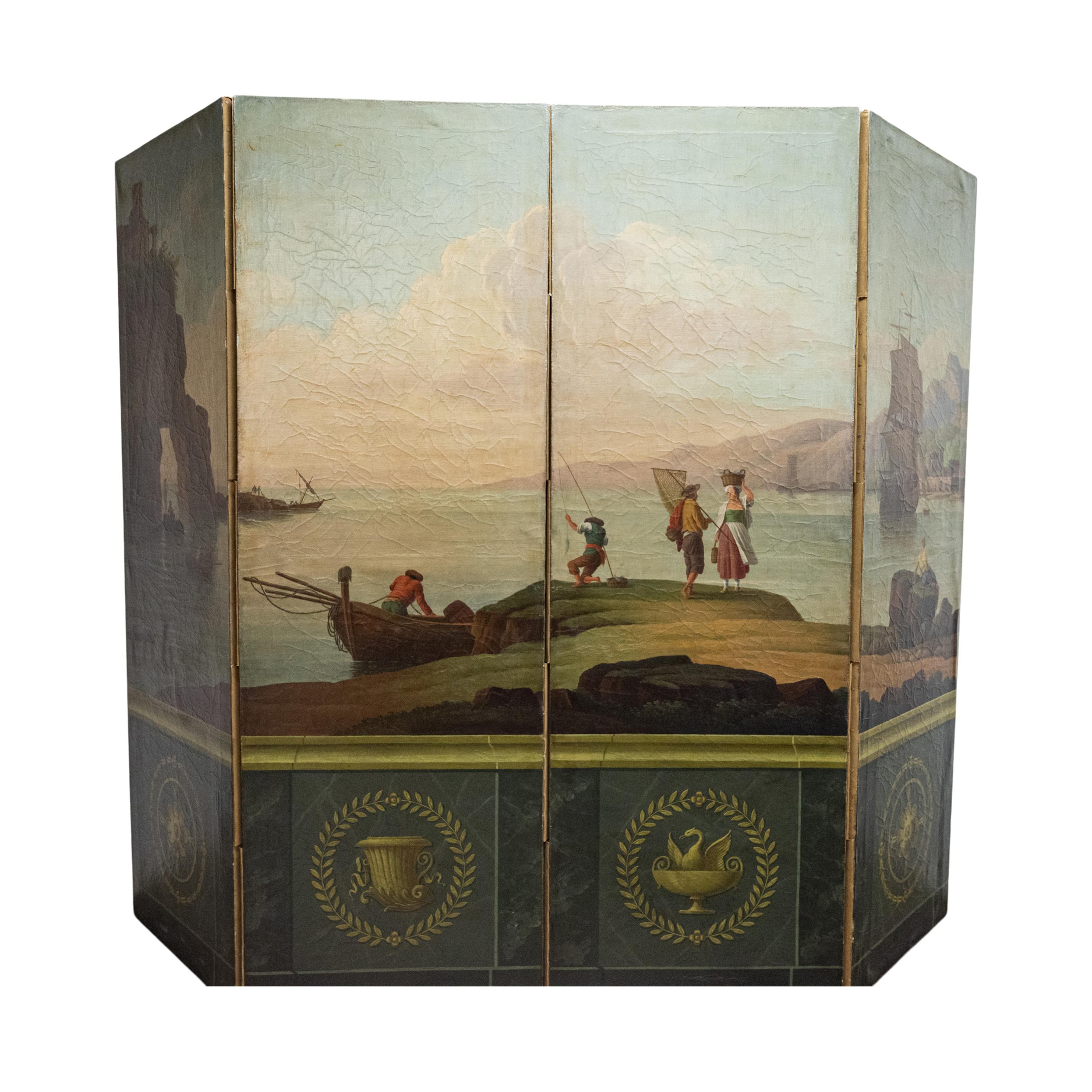 Antique Italian Oil Canvas Painted Neoclassical 4 fold Screen Room Divider 1860 In Good Condition For Sale In Portland, OR