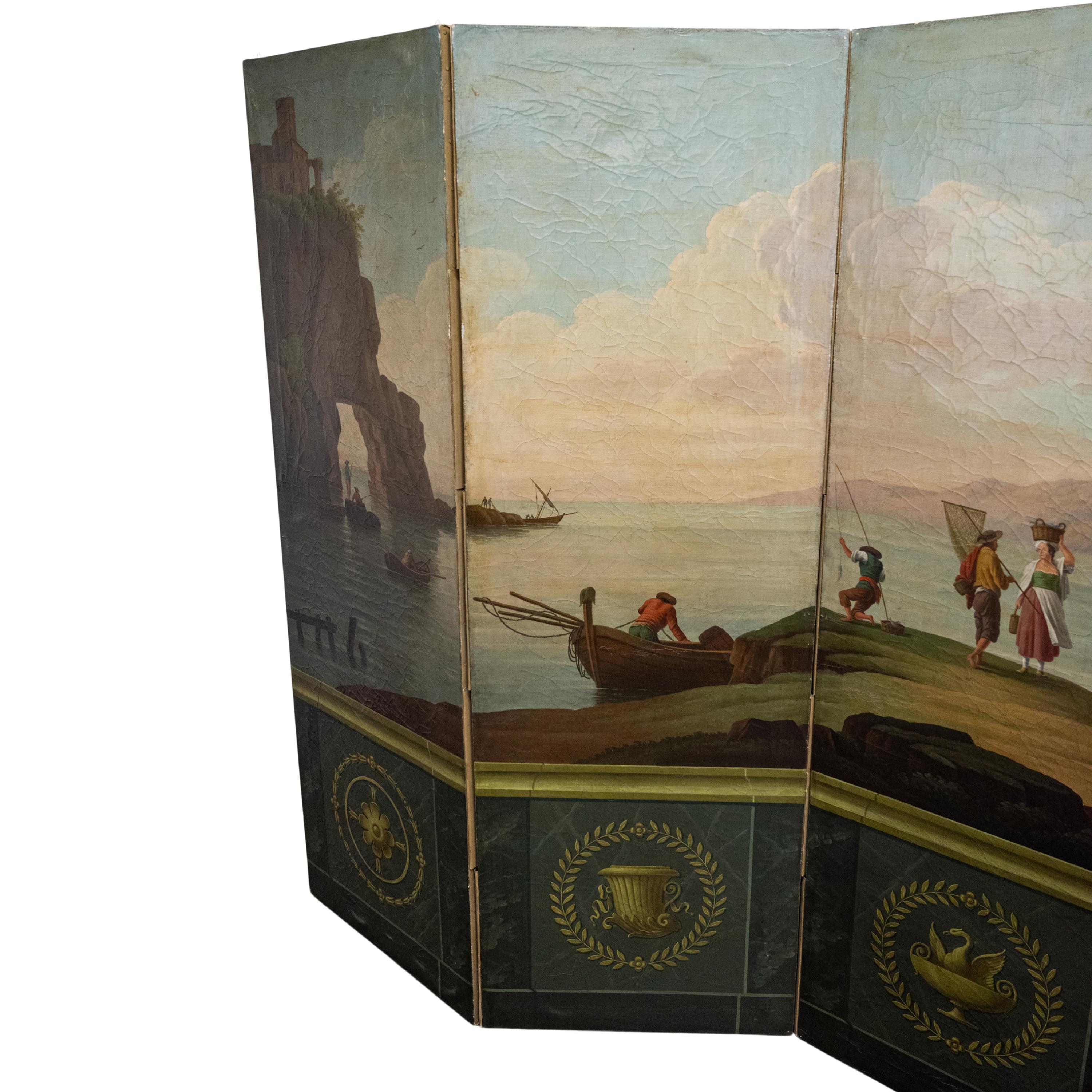 Antique huile italienne peinte écran néoclassique à 4 plis séparateur de pièce 1860 Bon état à Portland, OR
