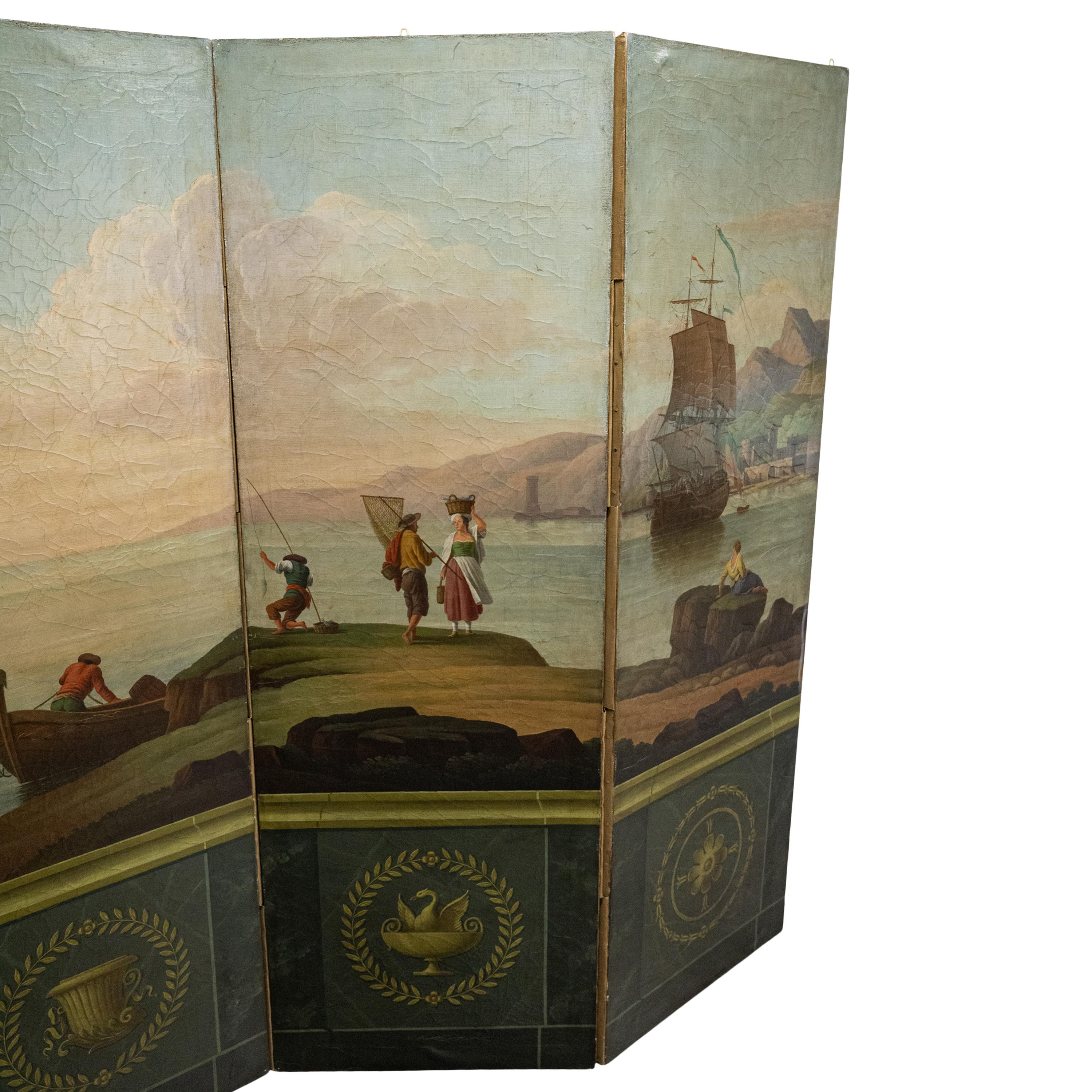 Milieu du XIXe siècle Antique huile italienne peinte écran néoclassique à 4 plis séparateur de pièce 1860