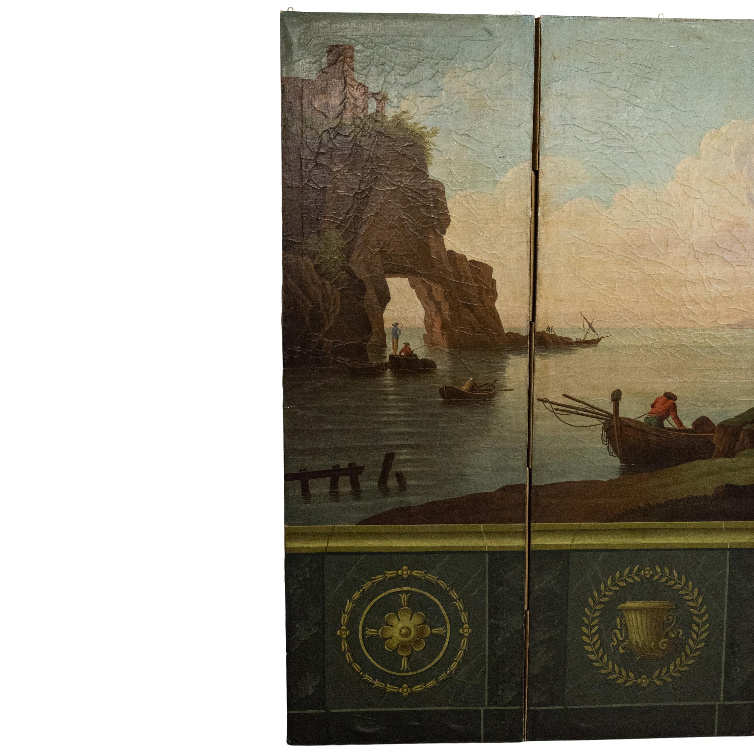 Antique huile italienne peinte écran néoclassique à 4 plis séparateur de pièce 1860 1