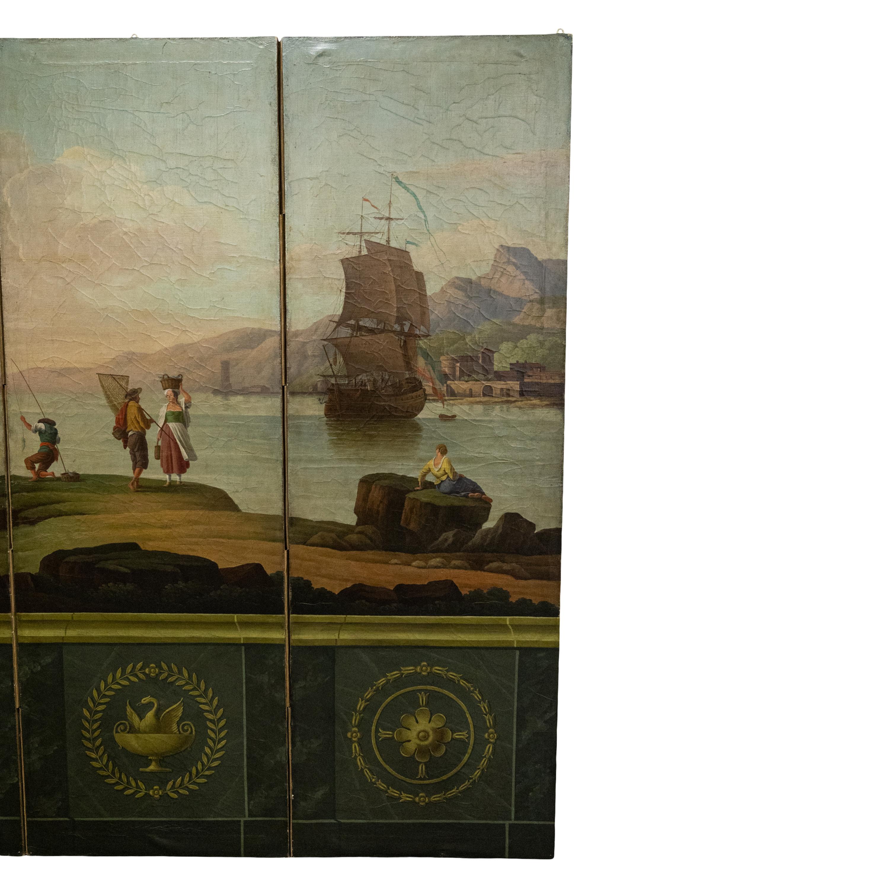 Antique Italian Oil Canvas Painted Neoclassical 4 fold Screen Room Divider 1860 For Sale 4
