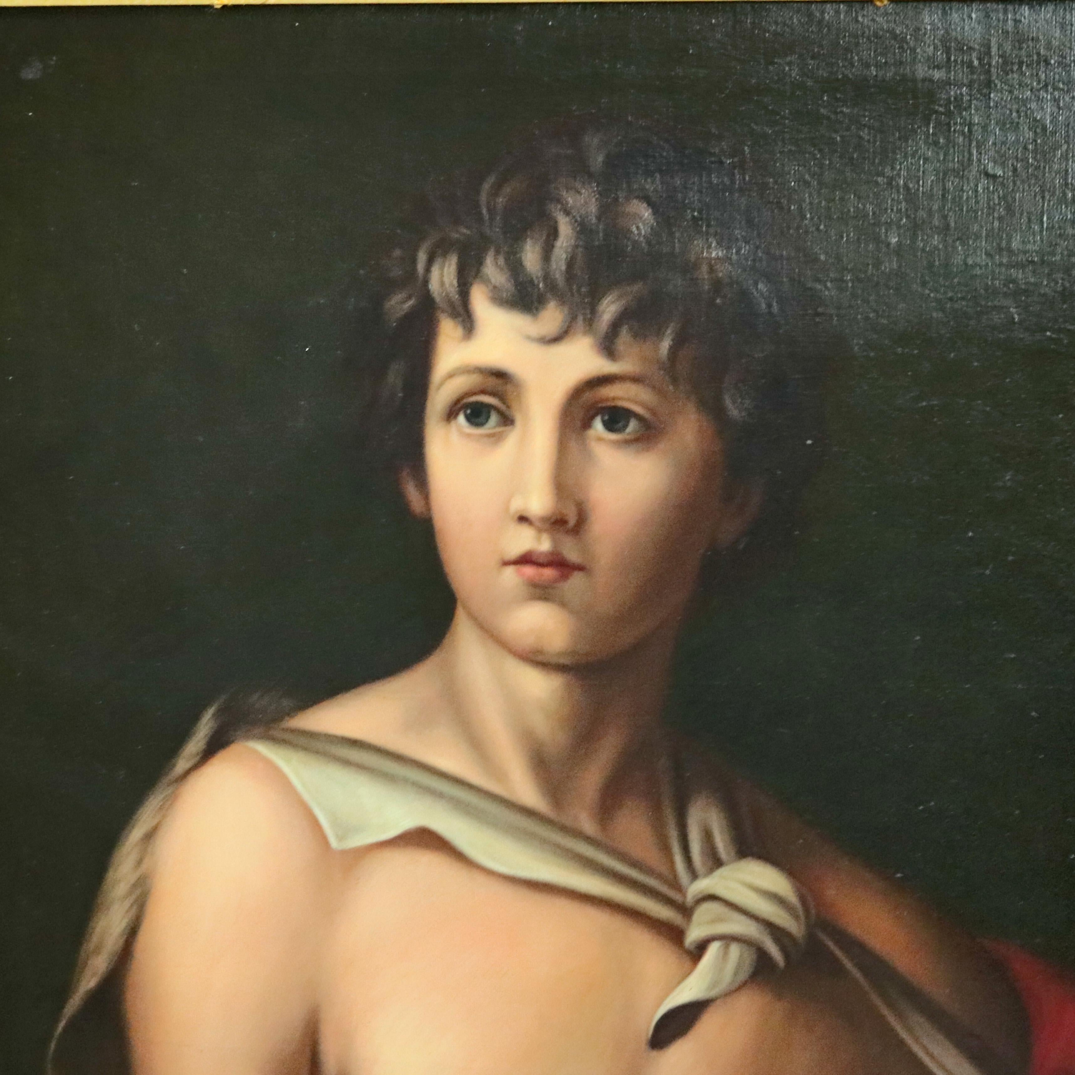 An antique oil on canvas old master portrait painting after Andrea Del Sarto's Saint John The Baptist with crucifix and cup, professionally restored as en verso label reads, seated in giltwood frame, circa 1880.

Measures - overall 45.5