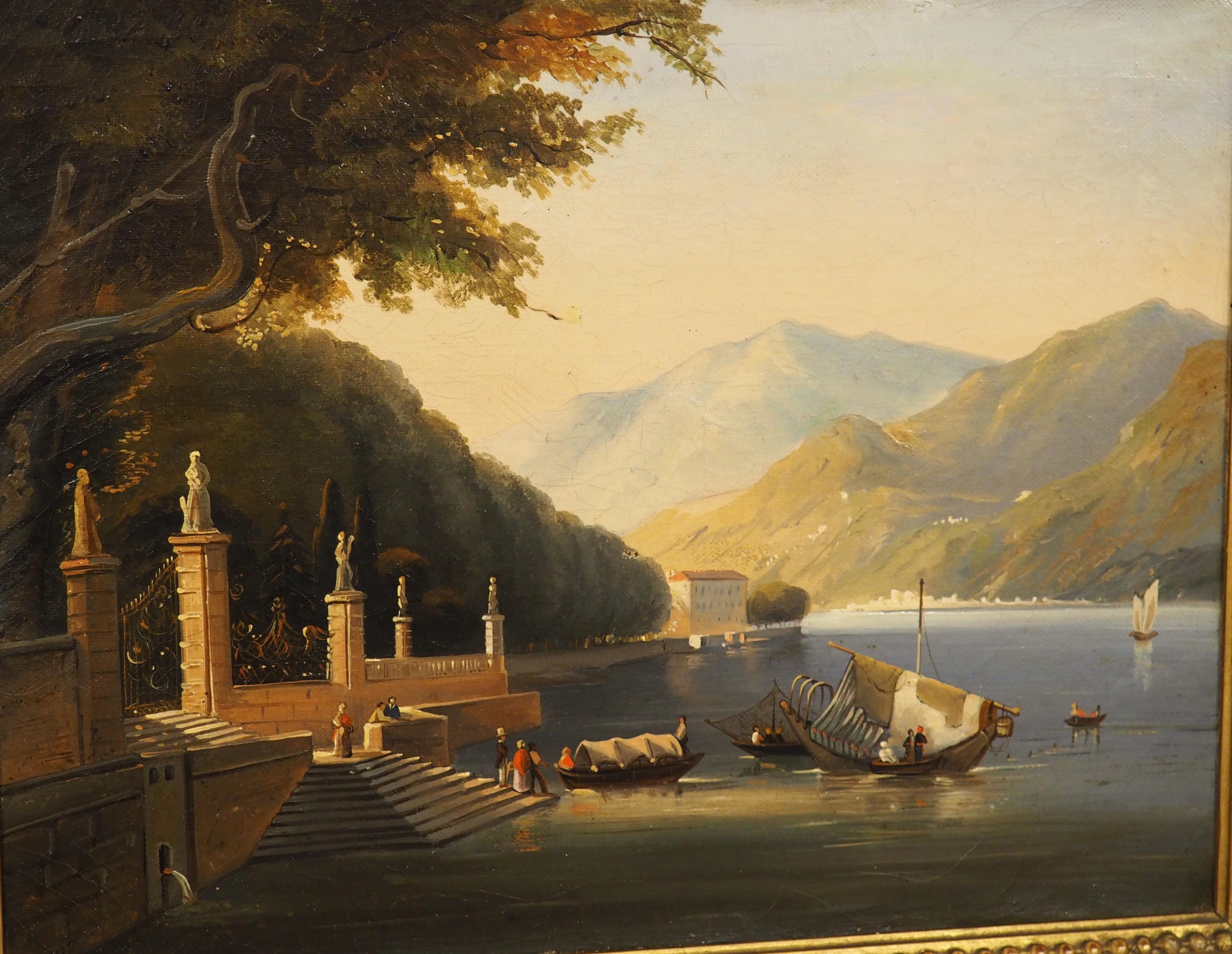 Ancienne peinture italienne à l'huile sur toile dans un cadre en bois doré, Lac de Como, 19ème C. en vente 4