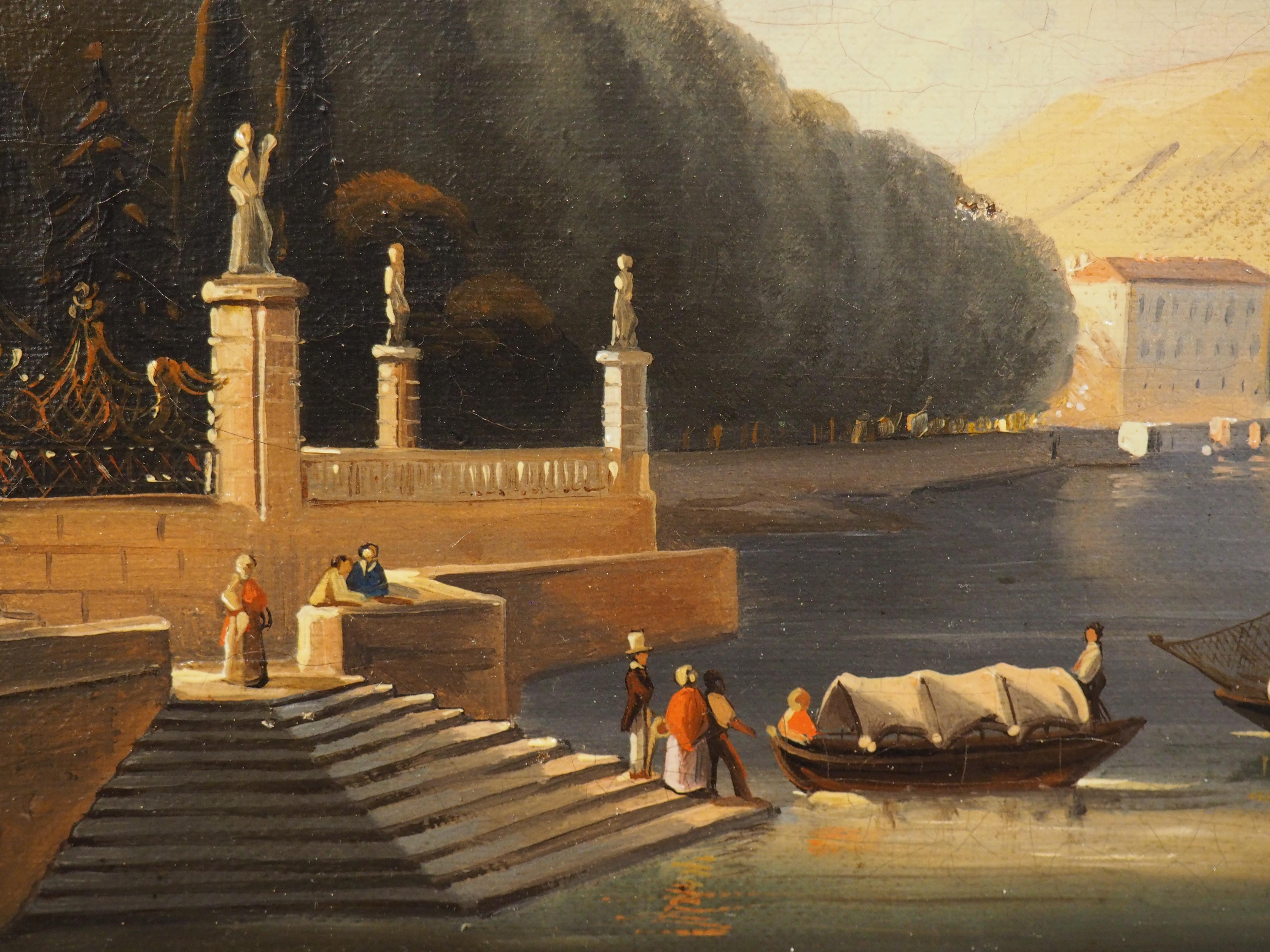 Ancienne peinture italienne à l'huile sur toile dans un cadre en bois doré, Lac de Como, 19ème C. en vente 6