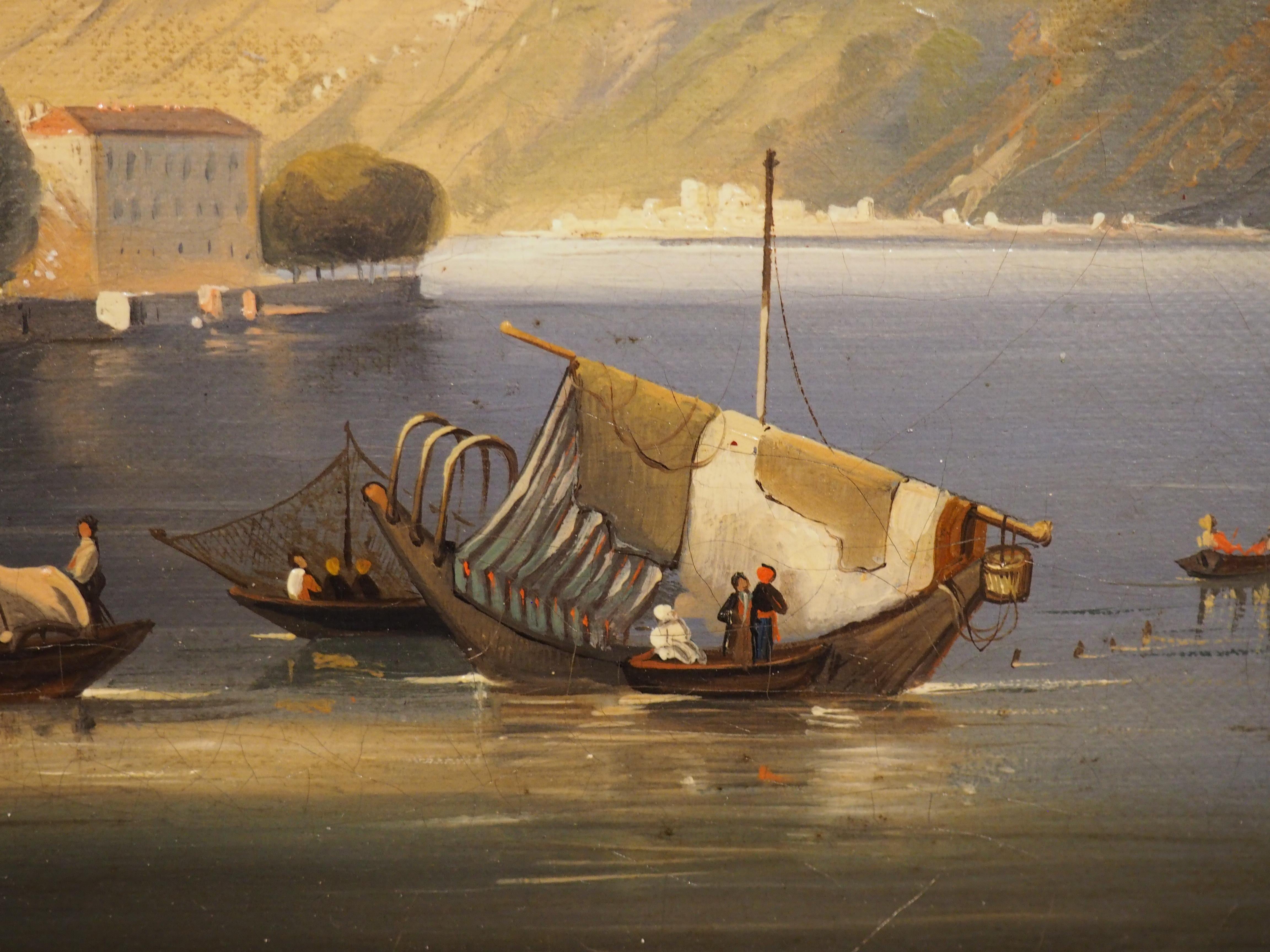 Ancienne peinture italienne à l'huile sur toile dans un cadre en bois doré, Lac de Como, 19ème C. en vente 7