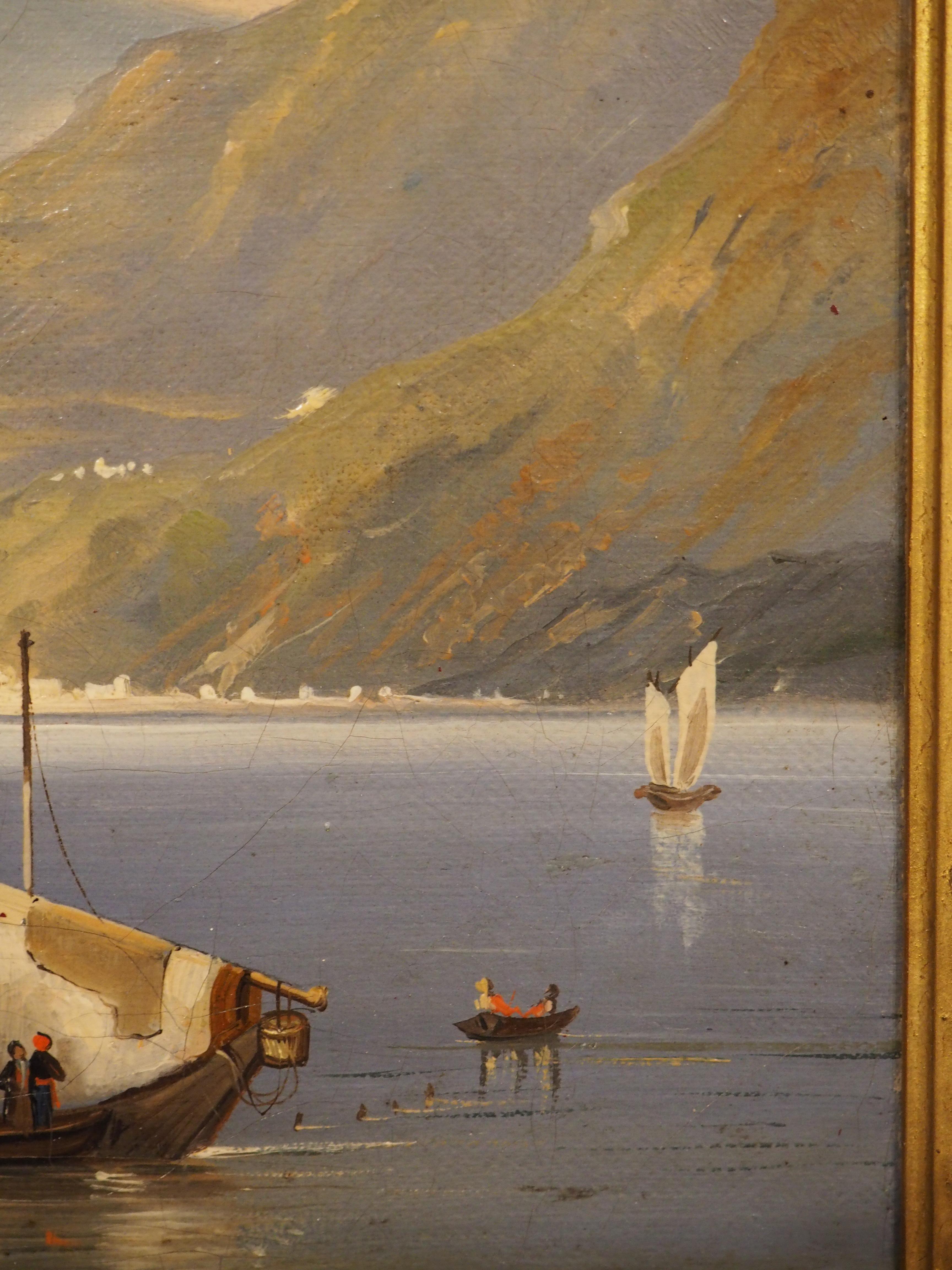 Ancienne peinture italienne à l'huile sur toile dans un cadre en bois doré, Lac de Como, 19ème C. en vente 8