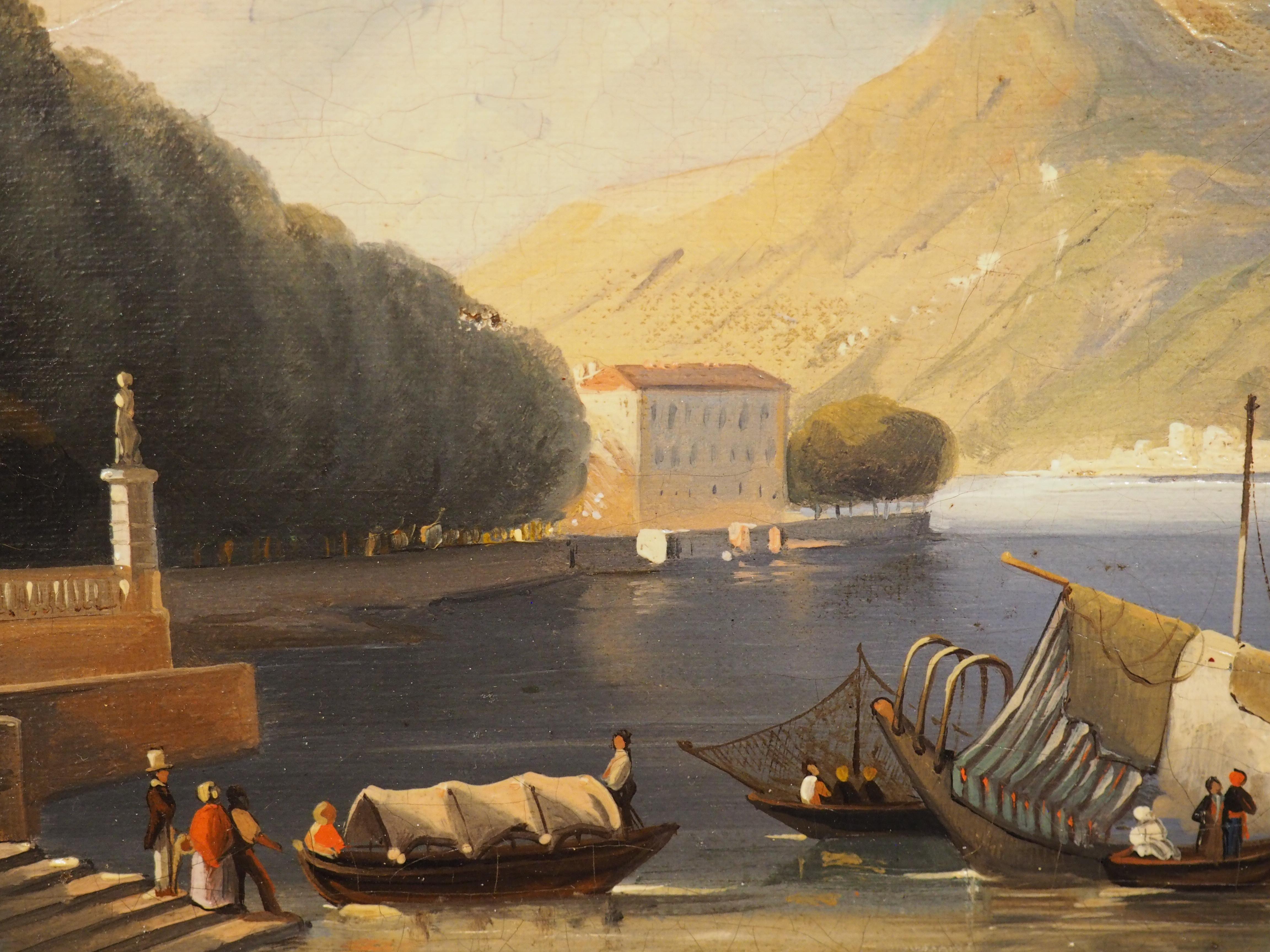 Ancienne peinture italienne à l'huile sur toile dans un cadre en bois doré, Lac de Como, 19ème C. en vente 9