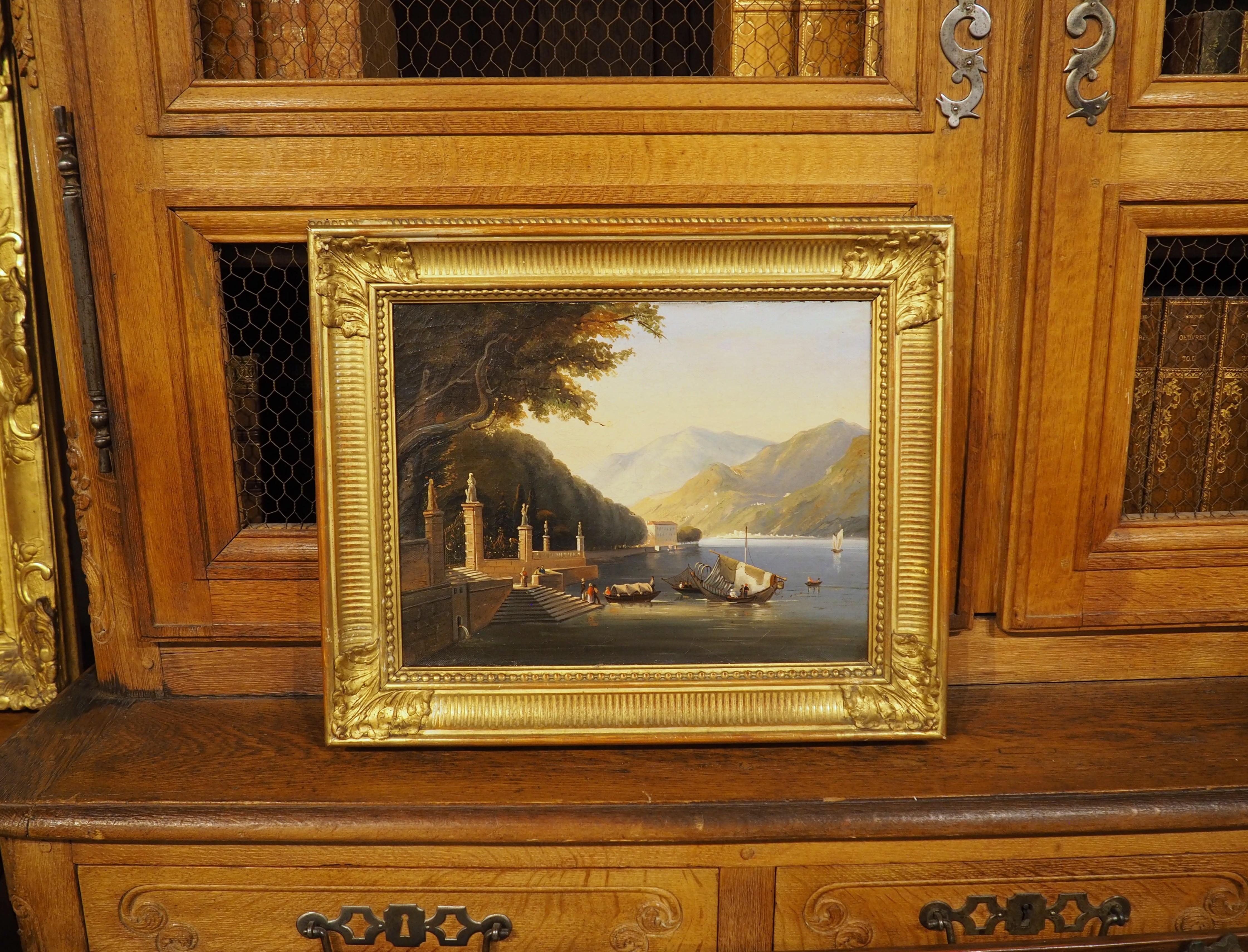 Ancienne peinture italienne à l'huile sur toile dans un cadre en bois doré, Lac de Como, 19ème C. en vente 11