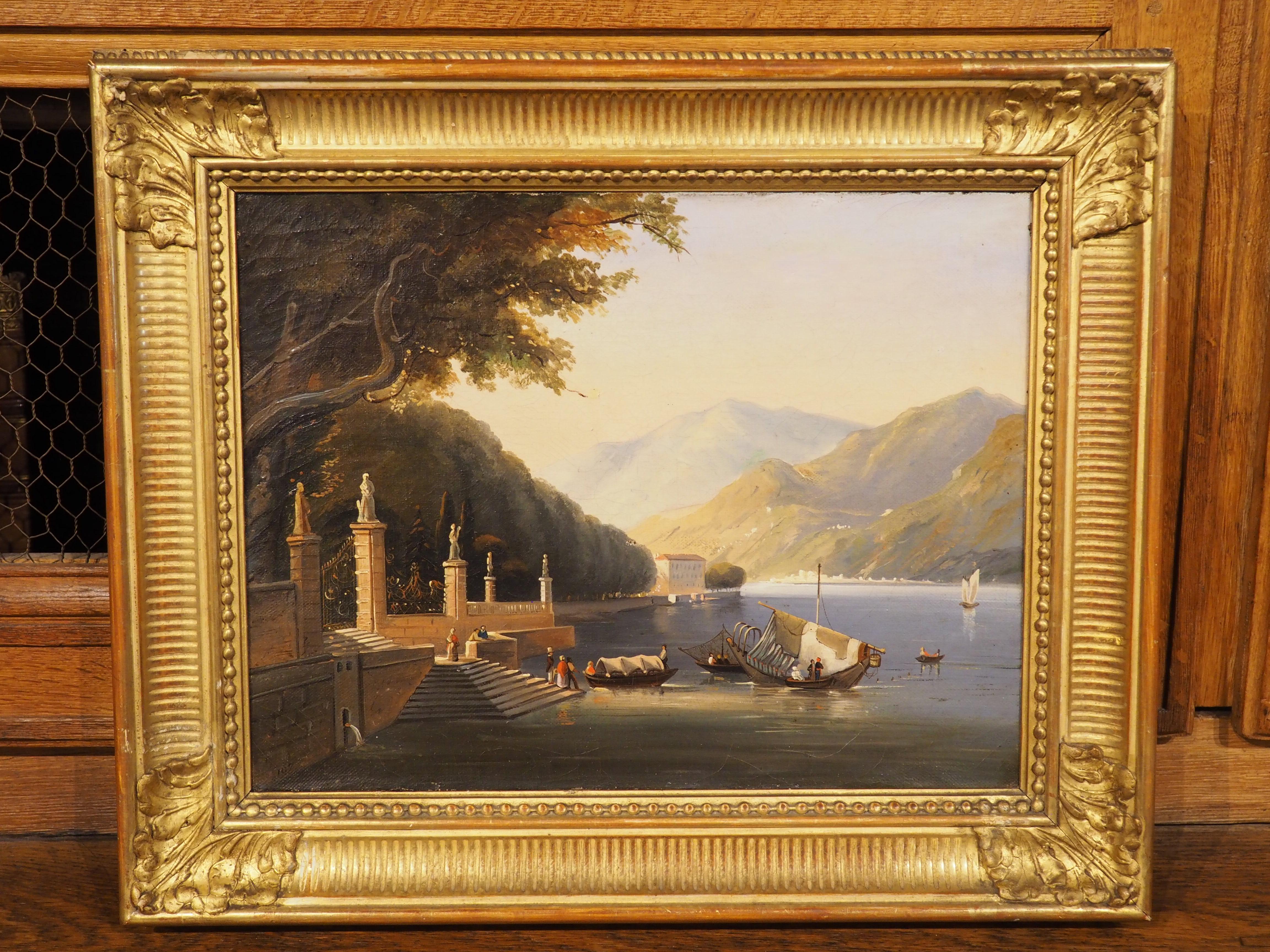 Ancienne peinture italienne à l'huile sur toile dans un cadre en bois doré, Lac de Como, 19ème C. en vente 12