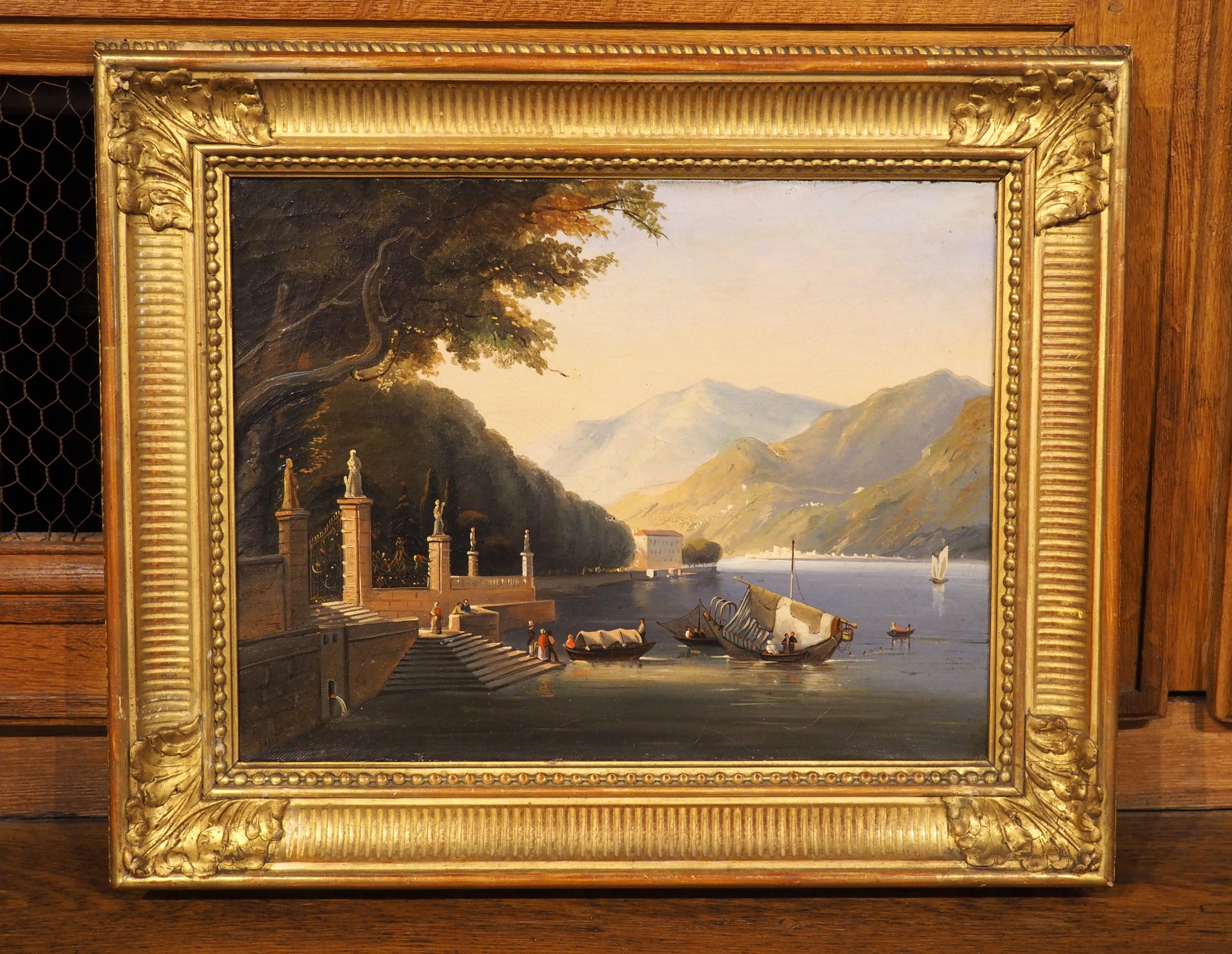 Ancienne peinture italienne à l'huile sur toile dans un cadre en bois doré, Lac de Como, 19ème C. Bon état - En vente à Dallas, TX
