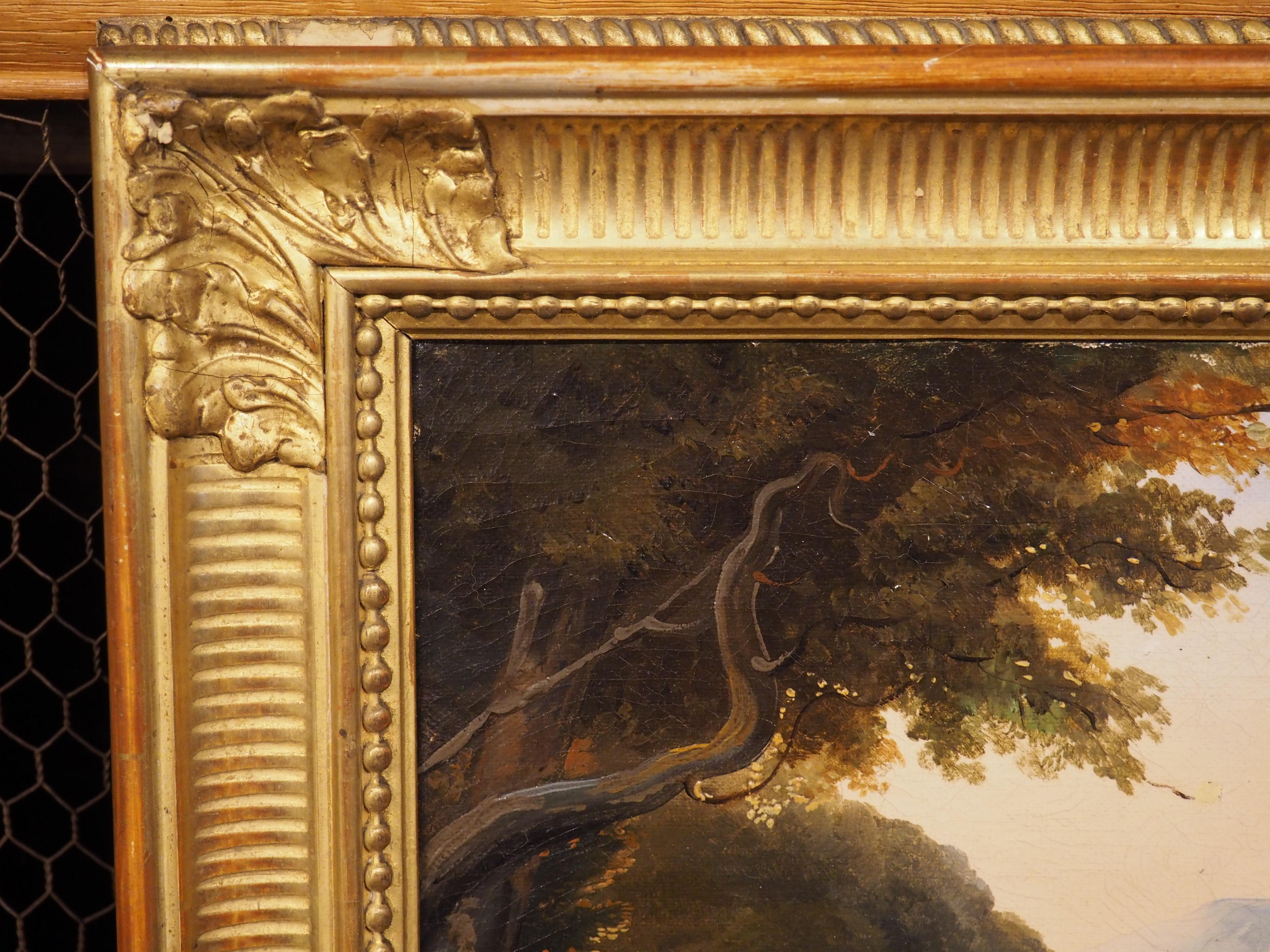XIXe siècle Ancienne peinture italienne à l'huile sur toile dans un cadre en bois doré, Lac de Como, 19ème C. en vente