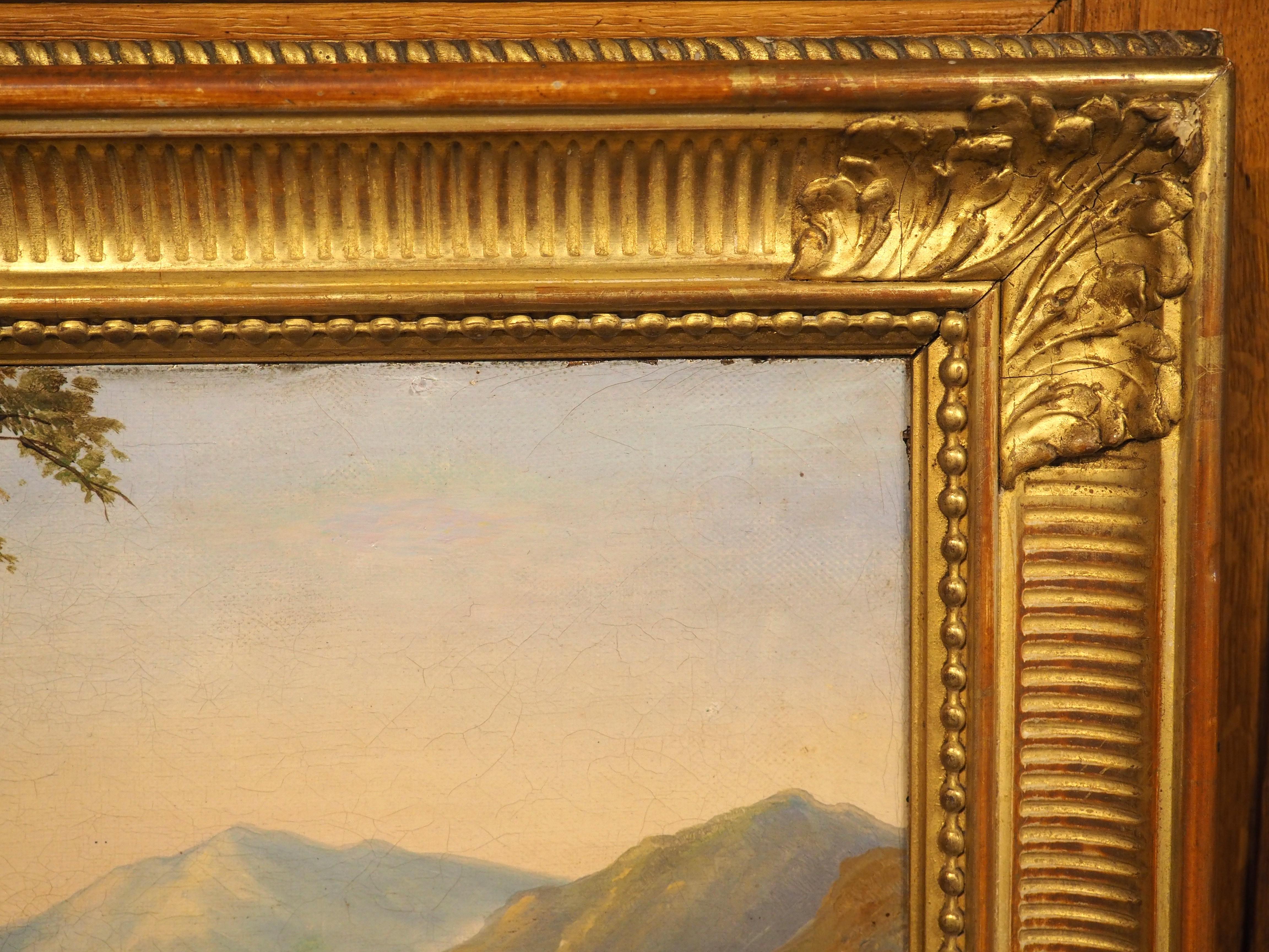 Toile Ancienne peinture italienne à l'huile sur toile dans un cadre en bois doré, Lac de Como, 19ème C. en vente