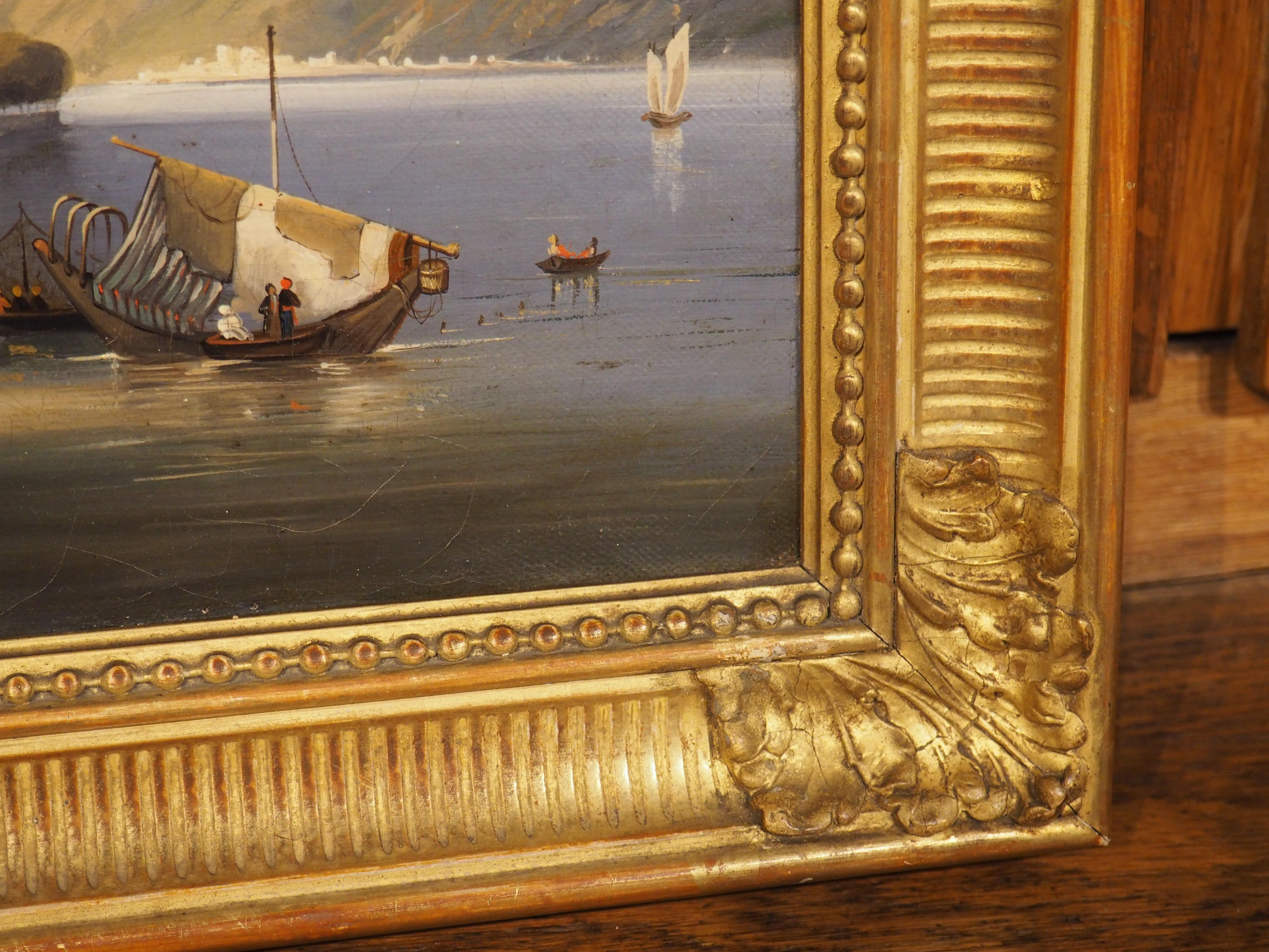 Ancienne peinture italienne à l'huile sur toile dans un cadre en bois doré, Lac de Como, 19ème C. en vente 1