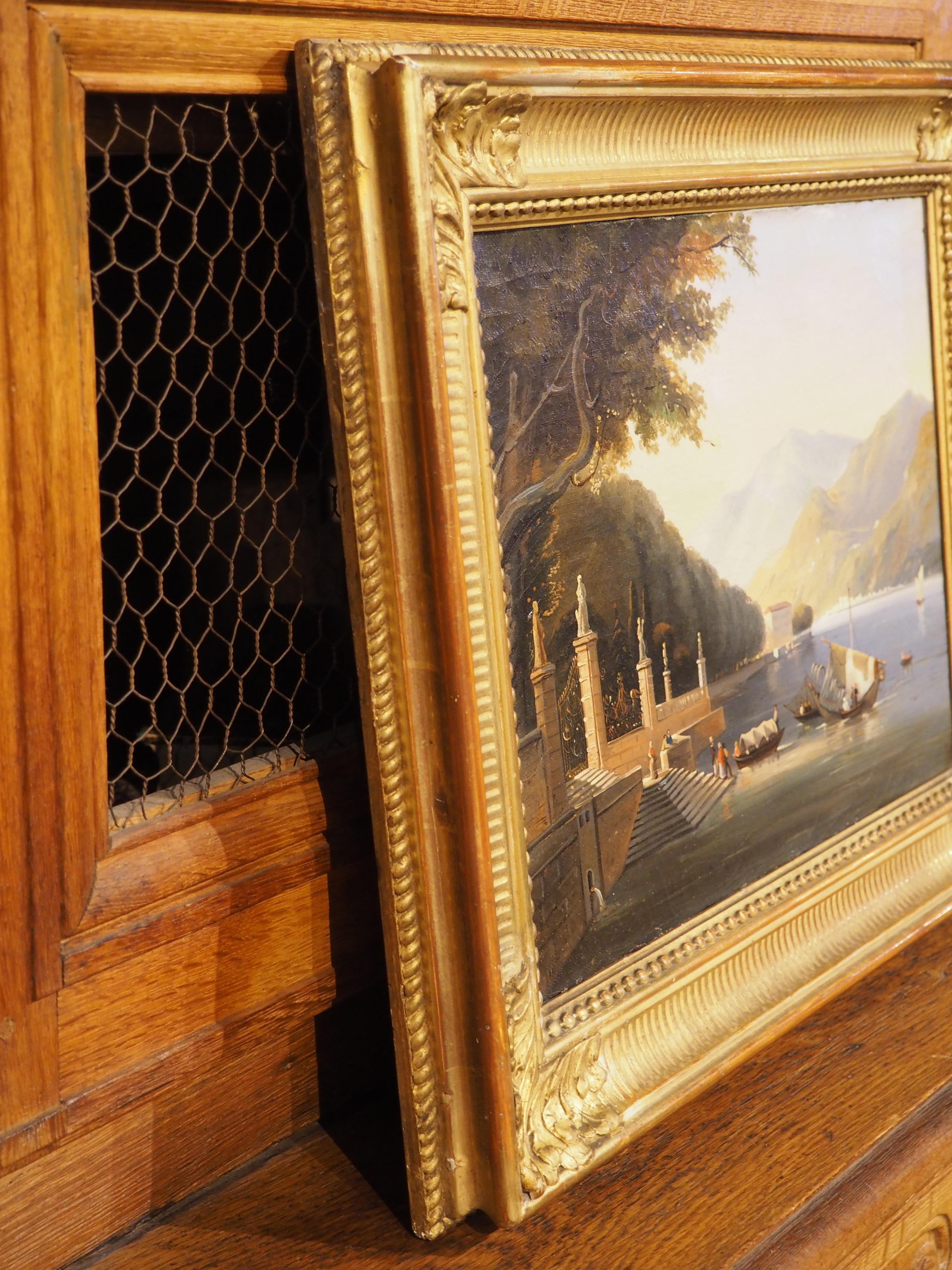 Ancienne peinture italienne à l'huile sur toile dans un cadre en bois doré, Lac de Como, 19ème C. en vente 2
