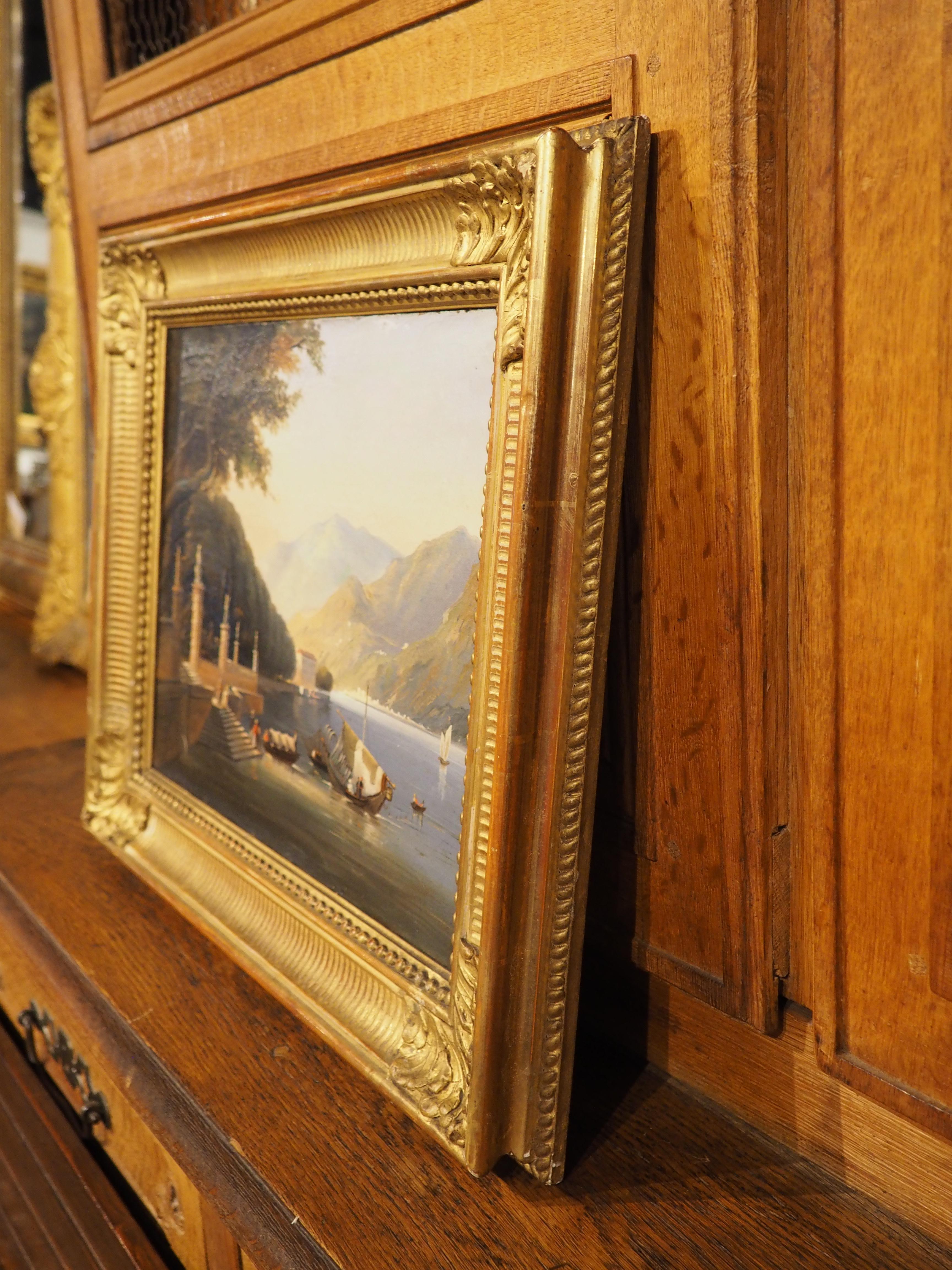 Ancienne peinture italienne à l'huile sur toile dans un cadre en bois doré, Lac de Como, 19ème C. en vente 3