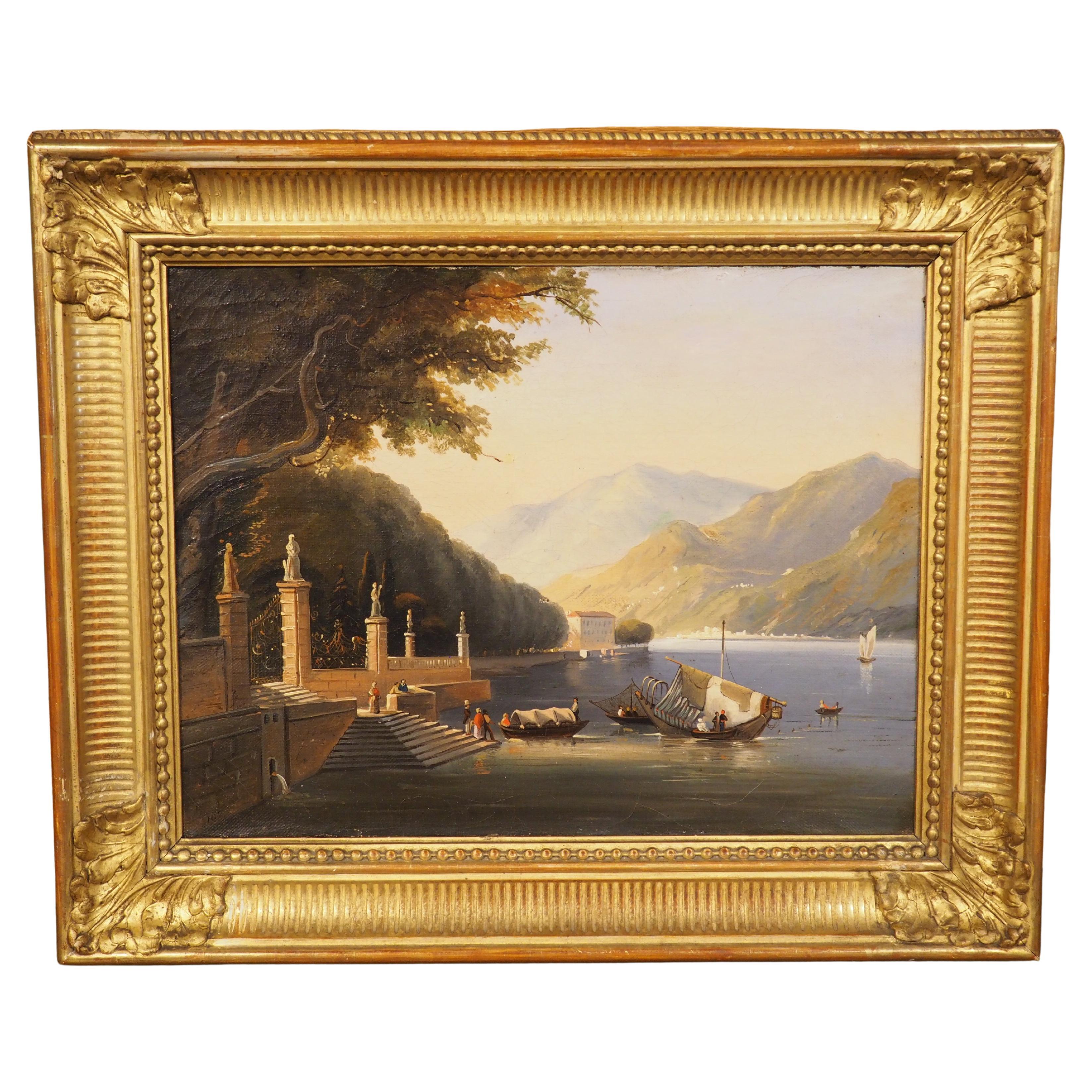Ancienne peinture italienne à l'huile sur toile dans un cadre en bois doré, Lac de Como, 19ème C. en vente