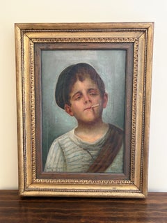 Antico dipinto italiano olio su tela di un ragazzo che fuma di Ciappa Giovanni