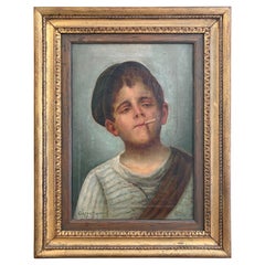 Antico dipinto italiano olio su tela di un ragazzo che fuma di Ciappa Giovanni