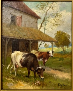 Antique Italian Oil on Canvas Painting of Cows, Signed Vitolla, Circa 1890-1900.