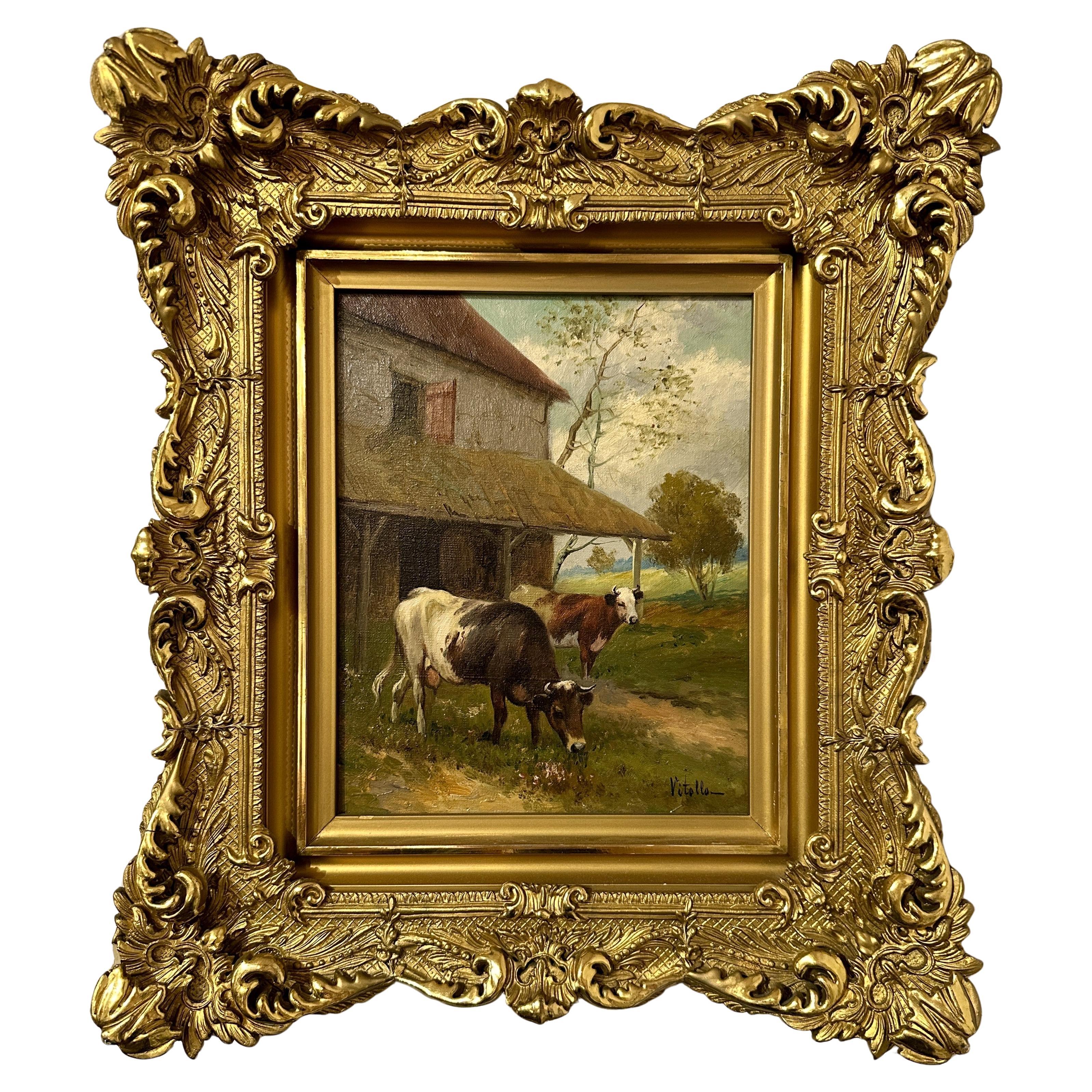 Antique Italian Oil on Canvas Painting of Cows, Signed Vitolla, Circa 1890-1900.
