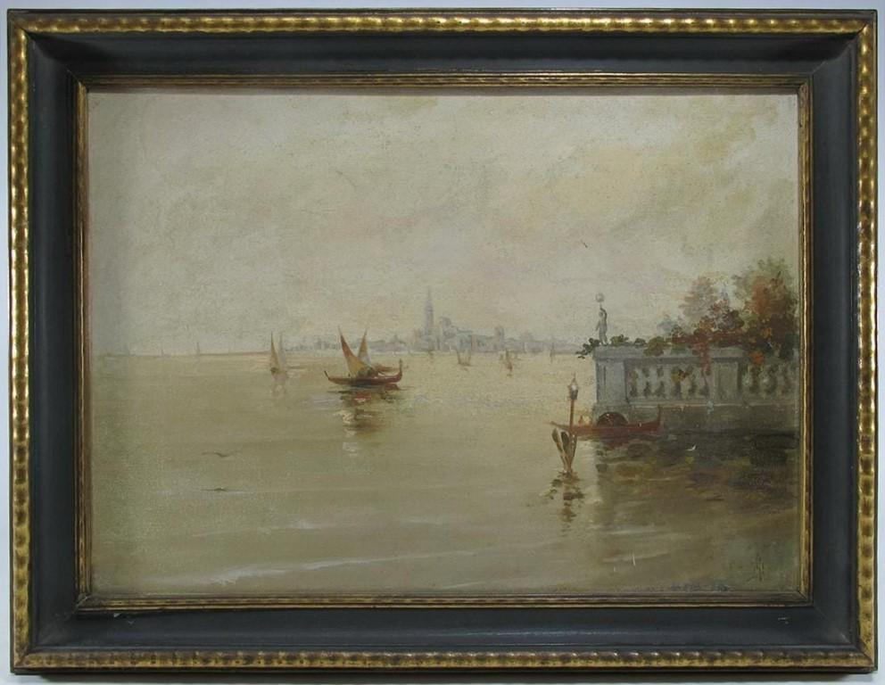 Antique Italian Oil on Canvas Painting of Venice, Signed In Fair Condition In Chicago, IL