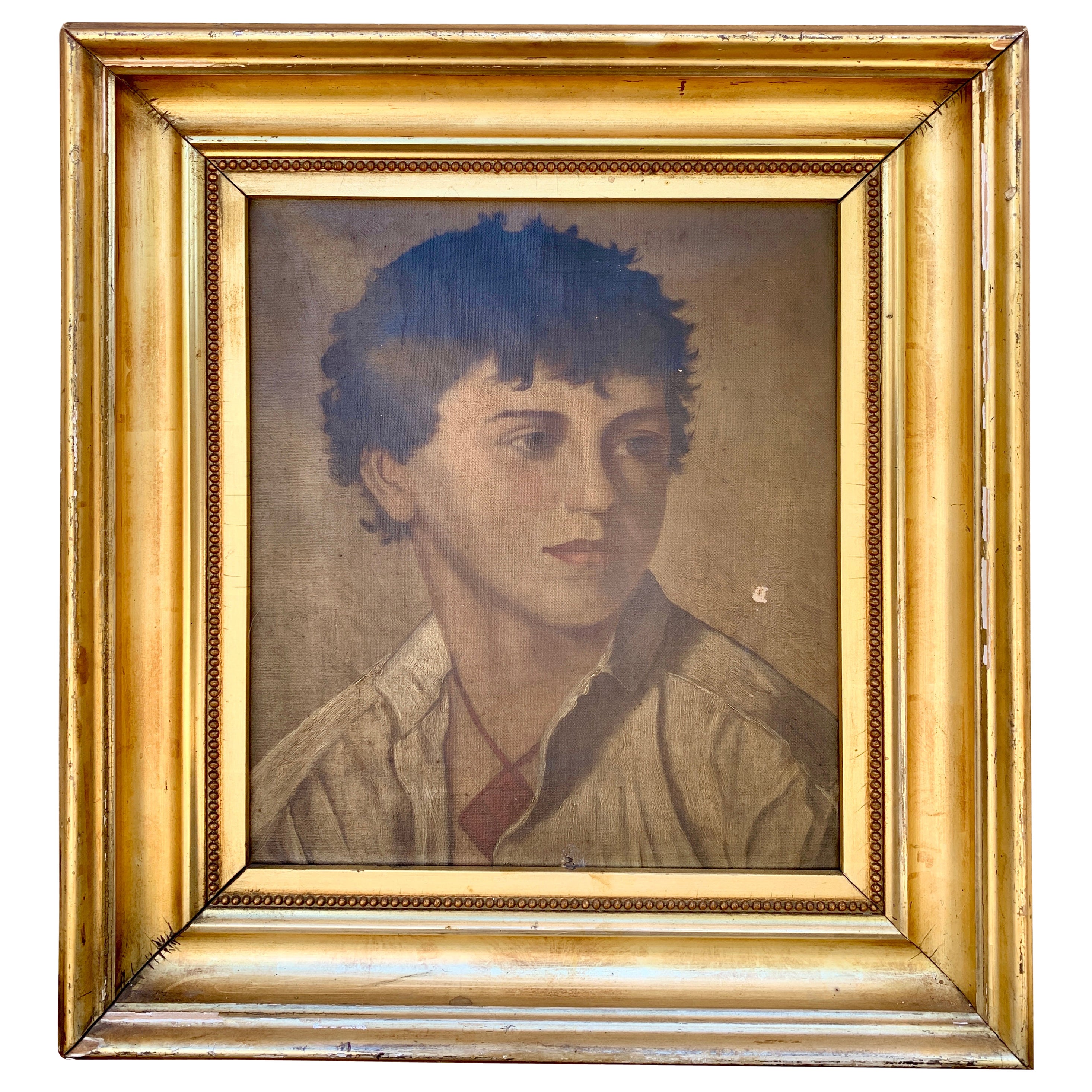 Antique Italian Oil on Canvas Portrait Painting of a Boy, Early 20th Century