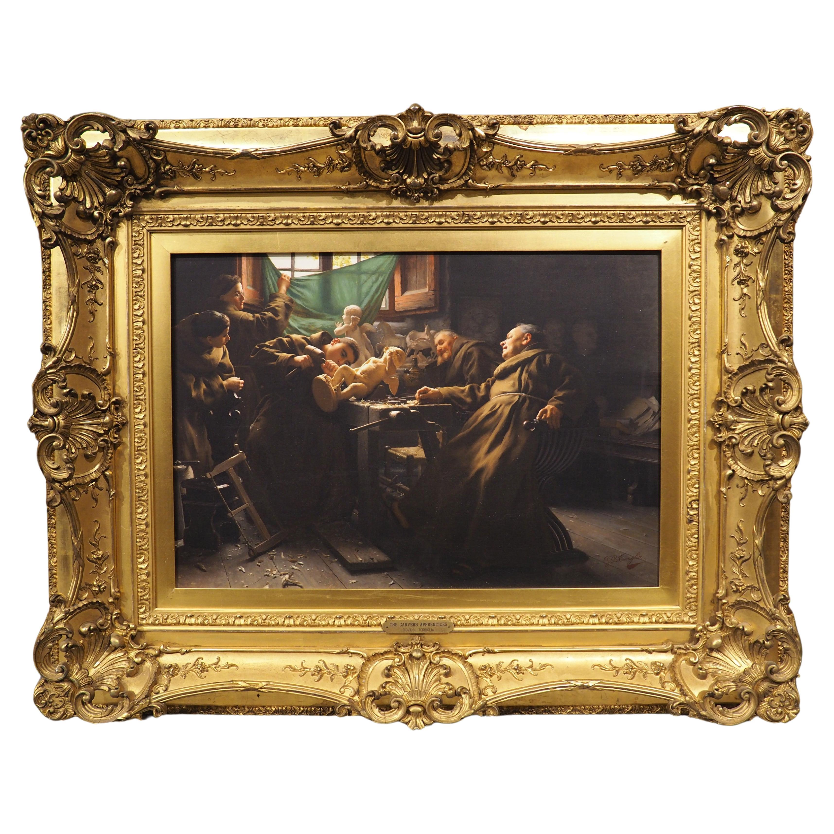 Huile italienne ancienne sur toile, L'apprenti sculpteur sur bois, Giovanni Torriglia
