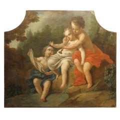 Antique Italian Oil on Canvas Trumeau Painting of Musical Cherubs, circa 1750