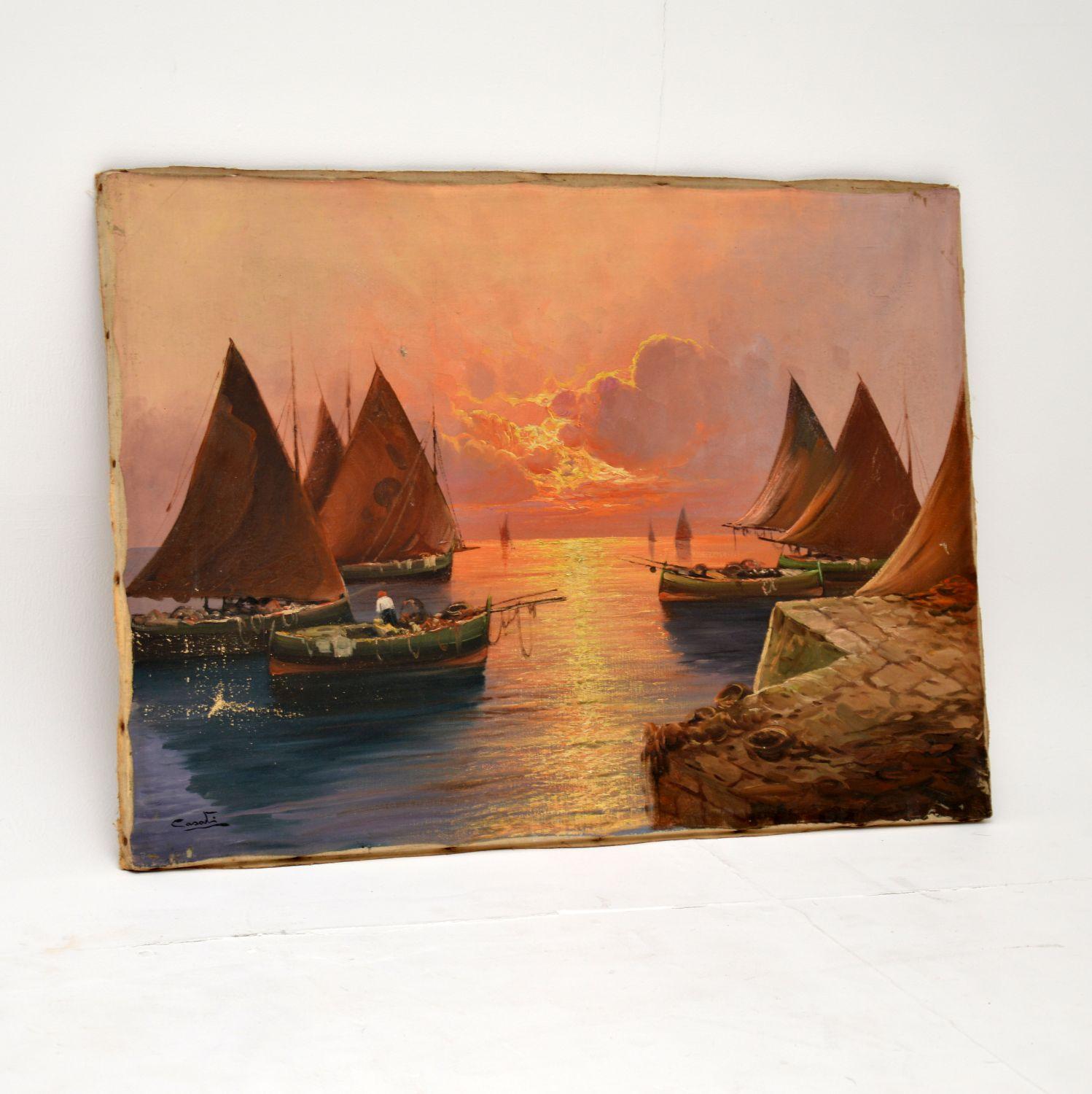 A beautiful antique oil painting on canvass, this is by the Italian artist Carlo Casati. It dates from the early 20th century, possibly 1920s-1930s.

It is beautifully executed and depicts a beautiful sunset, with lovely warm colors. This is