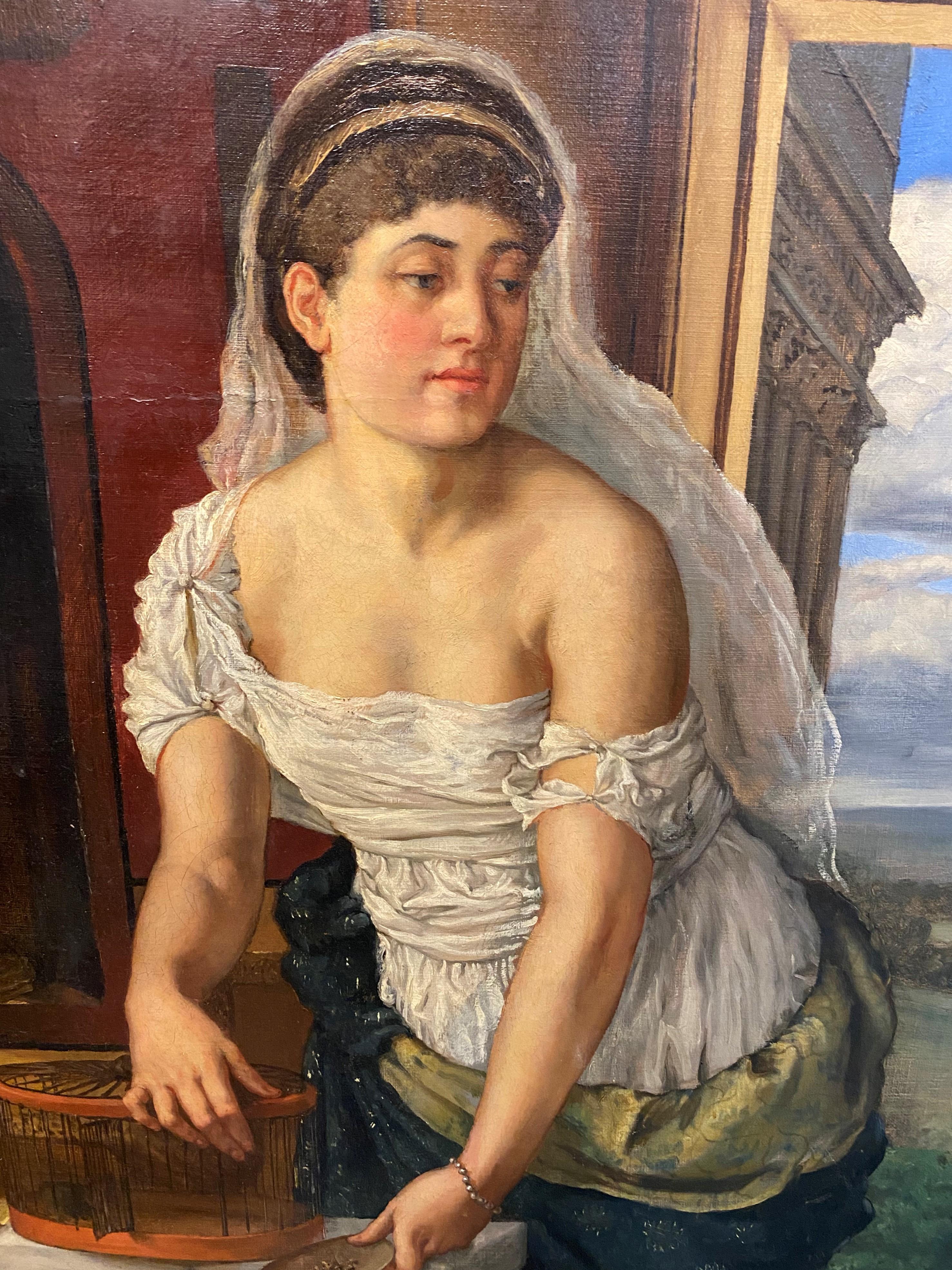 Very large Italian antique oil painting. Beautiful details and realism see all photos. The frame is original and has damage, see all pictures. The canvas has been repaired and the places can be seen from the back side, see photos. The actual
