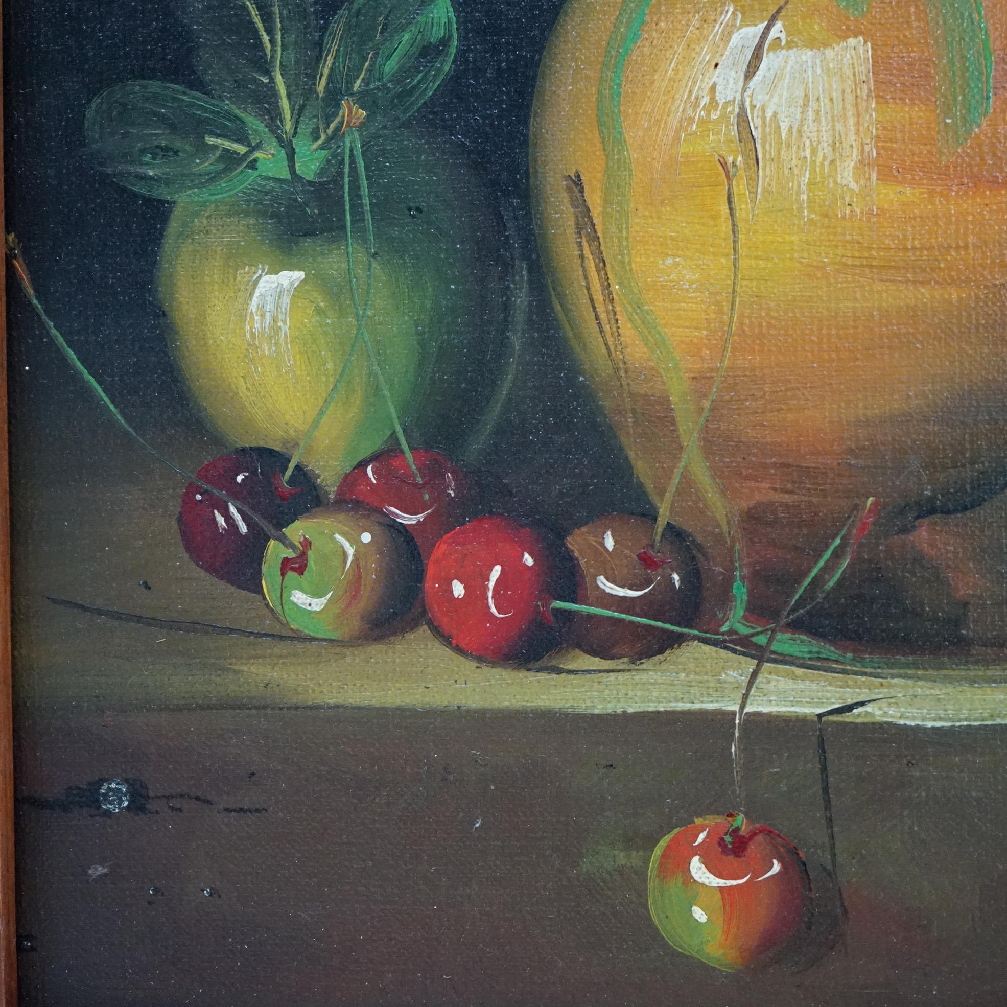 An antique Italian painting offers oil on canvas still life with fruit and stoneware jug tabletop, artist signed illegible, c1930

Measures - 15