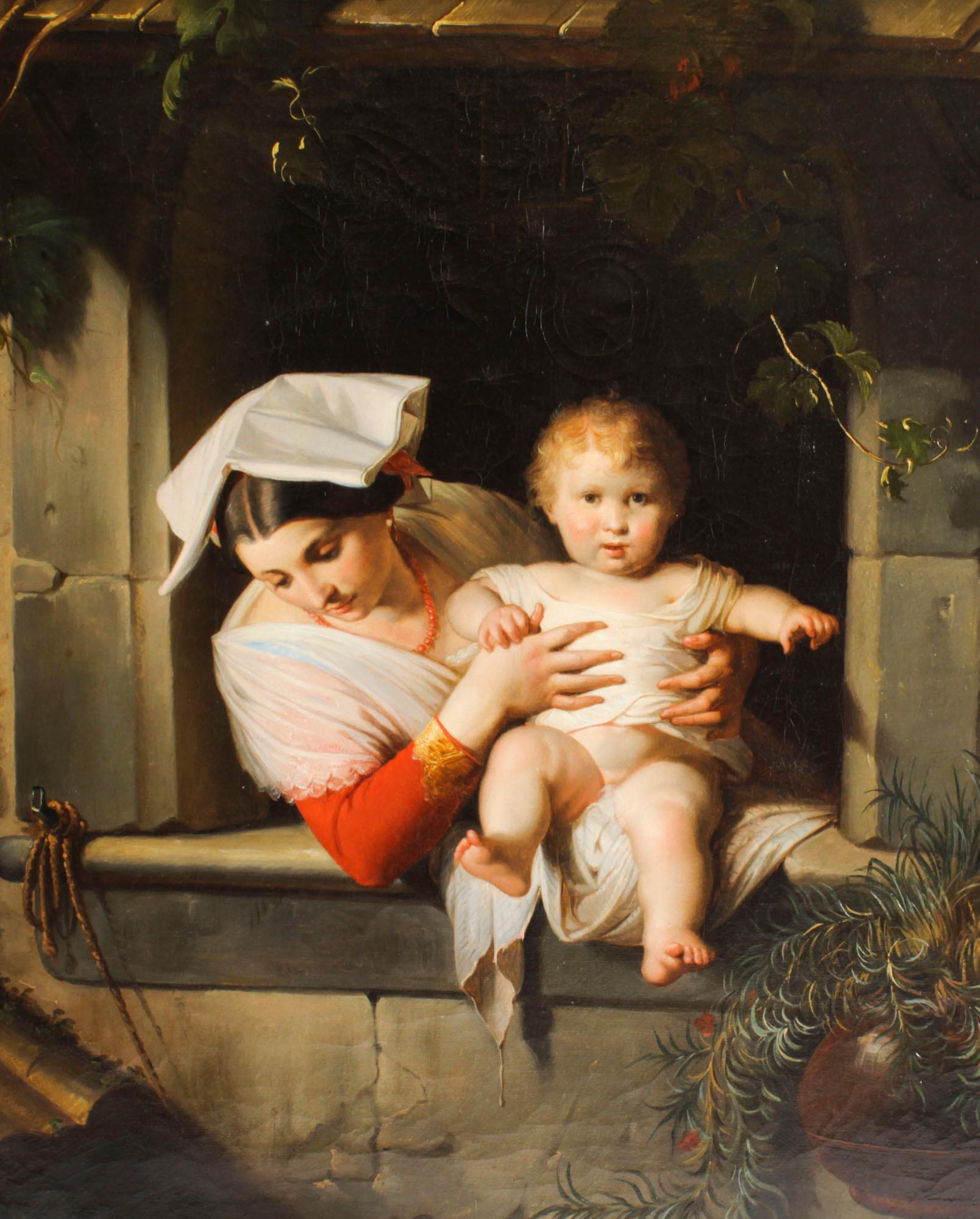 This is a magnificent antique Italian oil on canvas painting of a mother and child by Guiseppe Mazzolini (1806 - 1876) signed and date 1843. 
 
This stunning painting features the bust-length portrait of a beautiful young mother, wearing red and