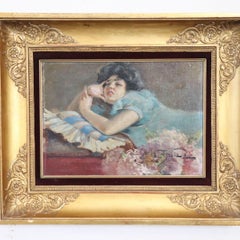 Antique Italian Oil Painting on Board, Girl Lying Down, Signed A. Villa