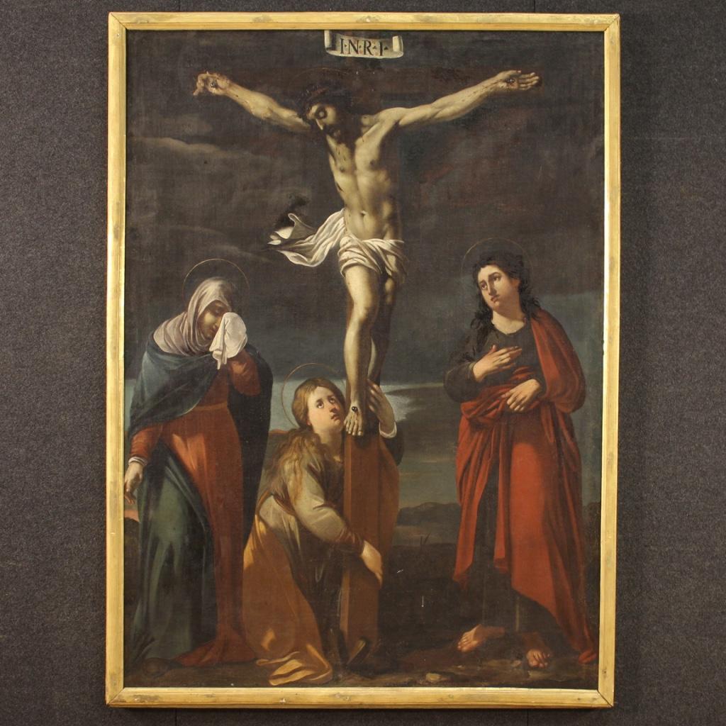 Ancient painting 18th century Italian. Opera oil on canvas of great size and impact depicting a subject of sacred art Crucifixion with Jesus and Madonna, Mary Magdalene and San Giovanni, of excellent pictorial quality. Framework for antiquarians,