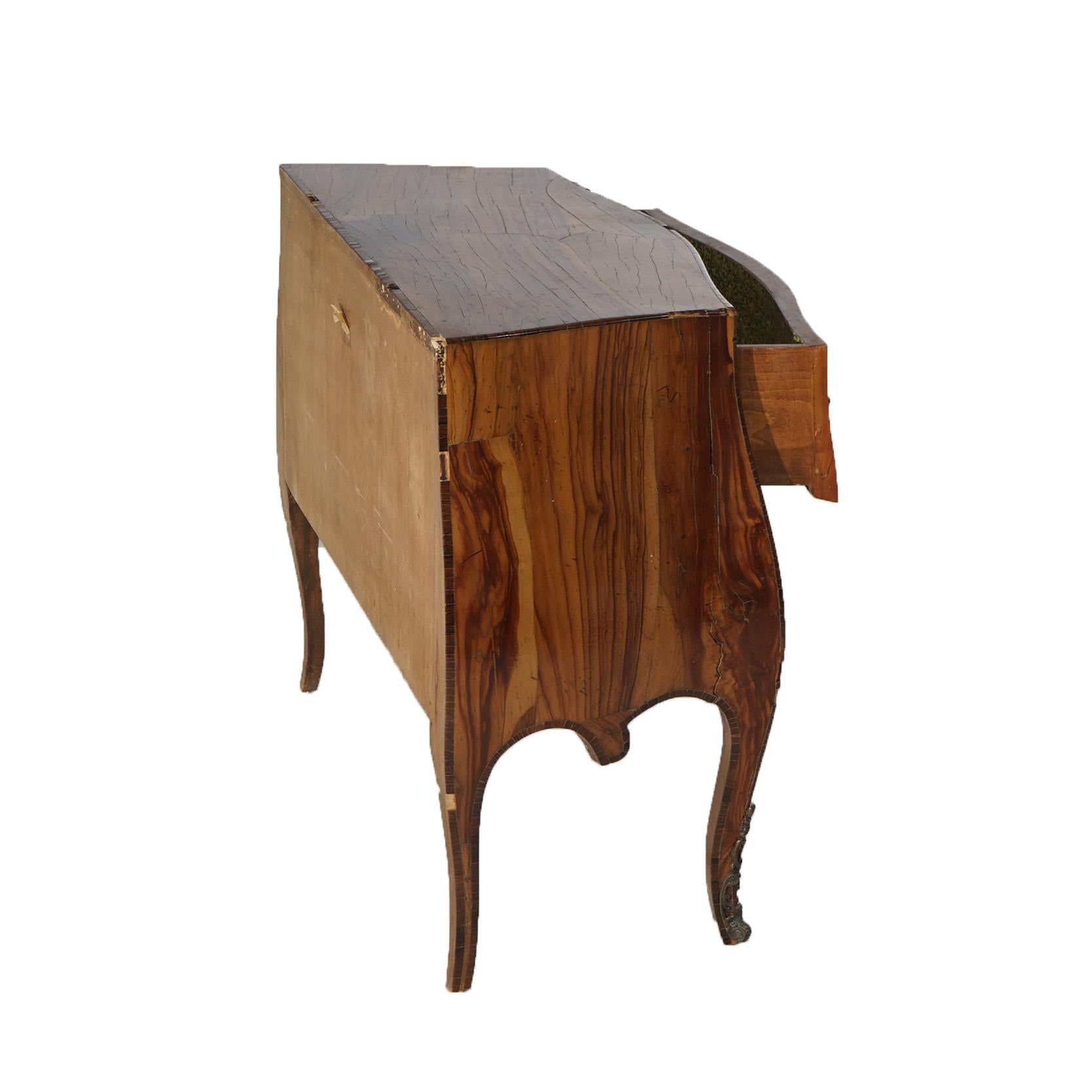 Antique Italian Olive Wood & Ormolu Two Drawer Bombe Commode C1930 6