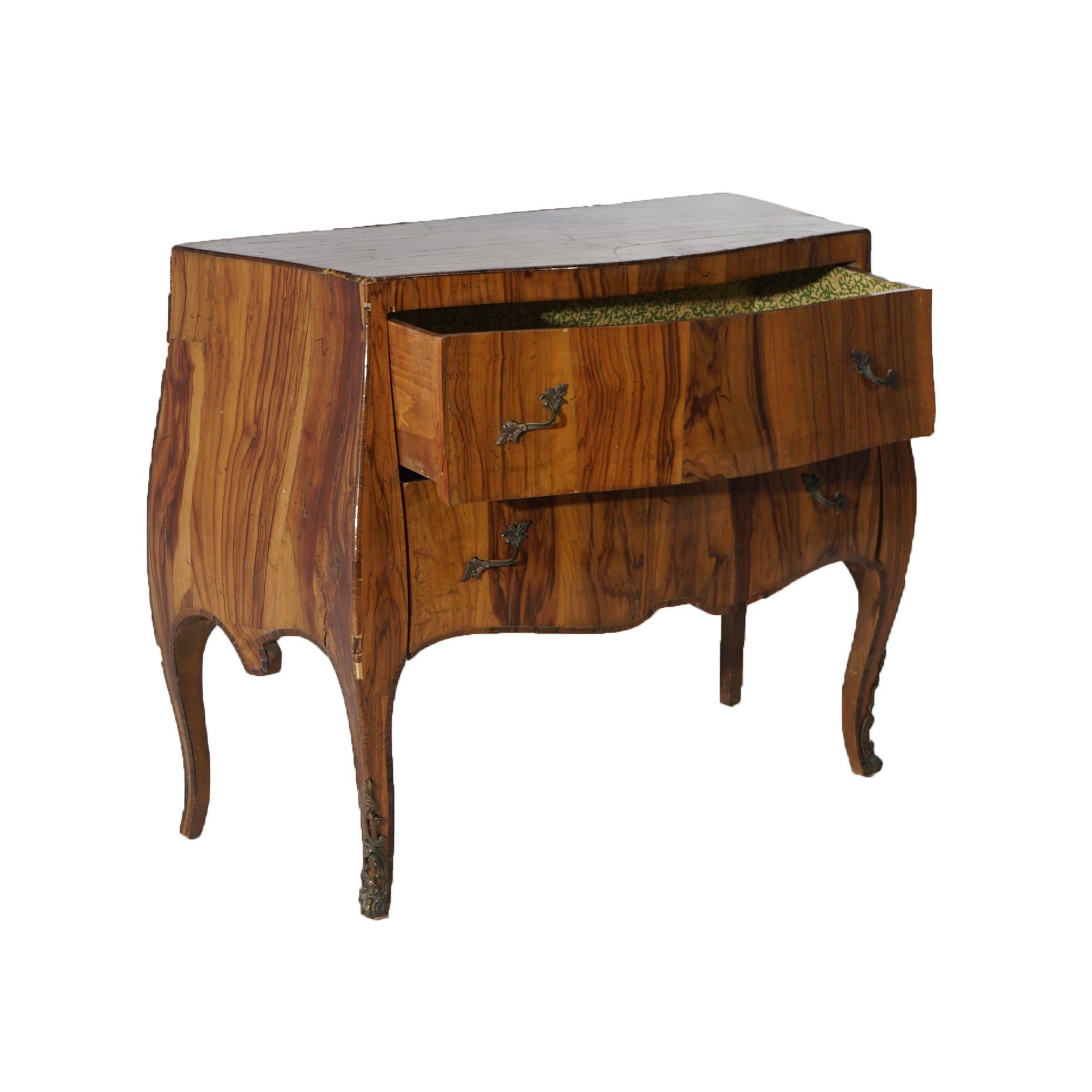Antique Italian Olive Wood & Ormolu Two Drawer Bombe Commode C1930 9