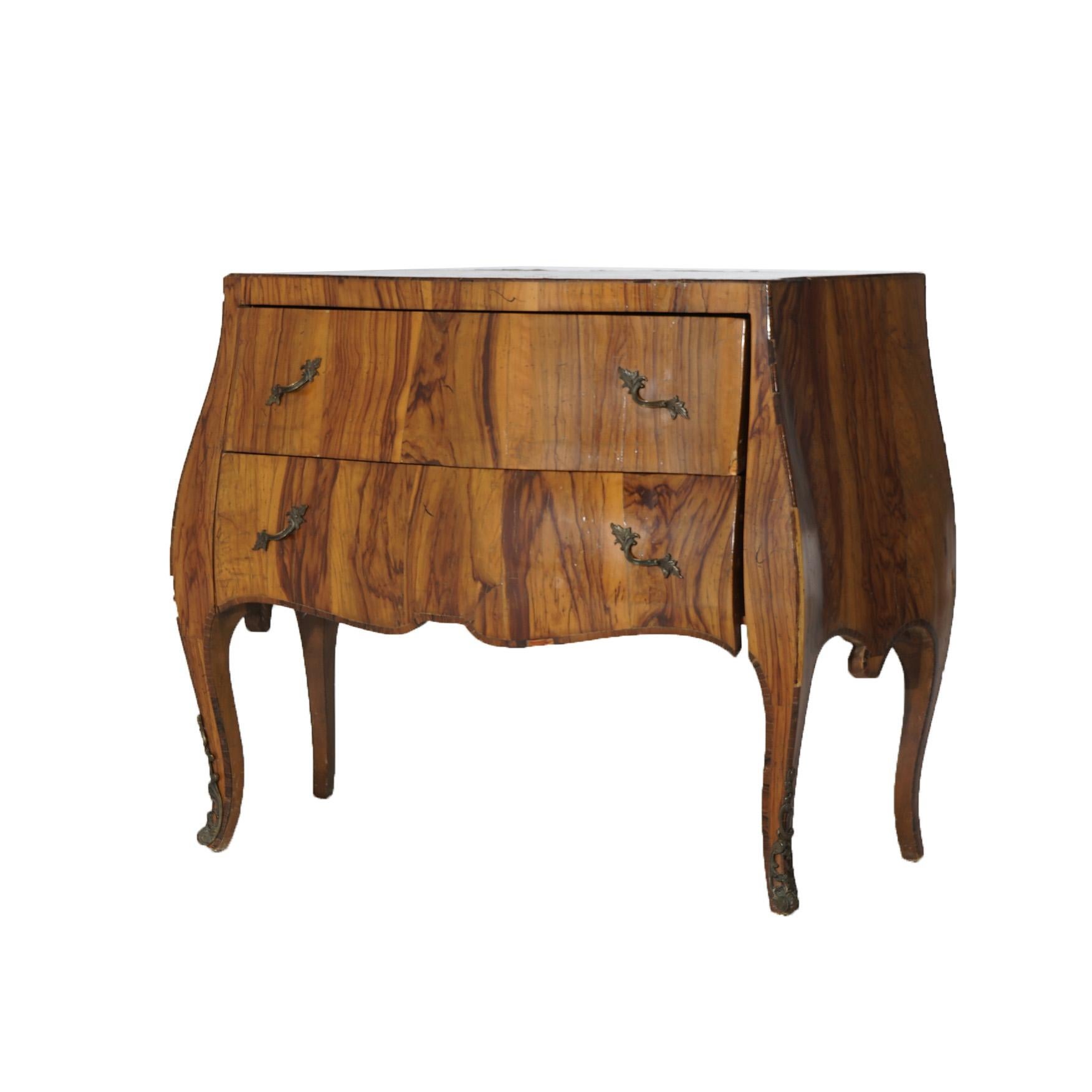 Antique Italian Olive Wood & Ormolu Two Drawer Bombe Commode C1930 In Good Condition In Big Flats, NY