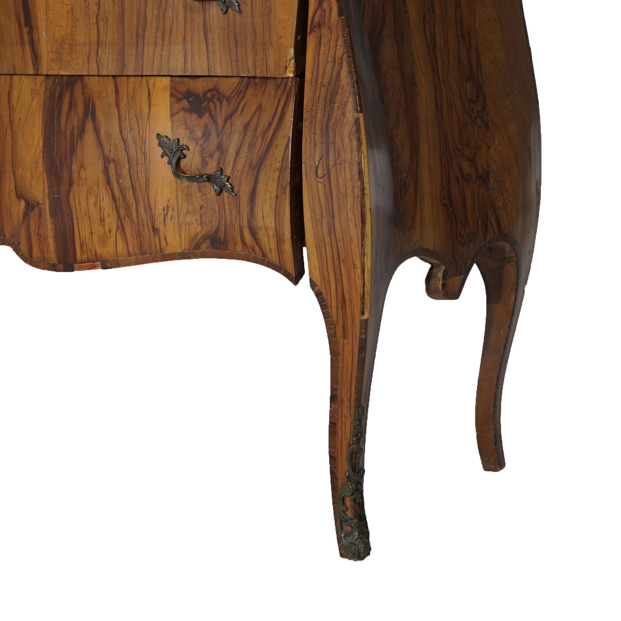 20th Century Antique Italian Olive Wood & Ormolu Two Drawer Bombe Commode C1930