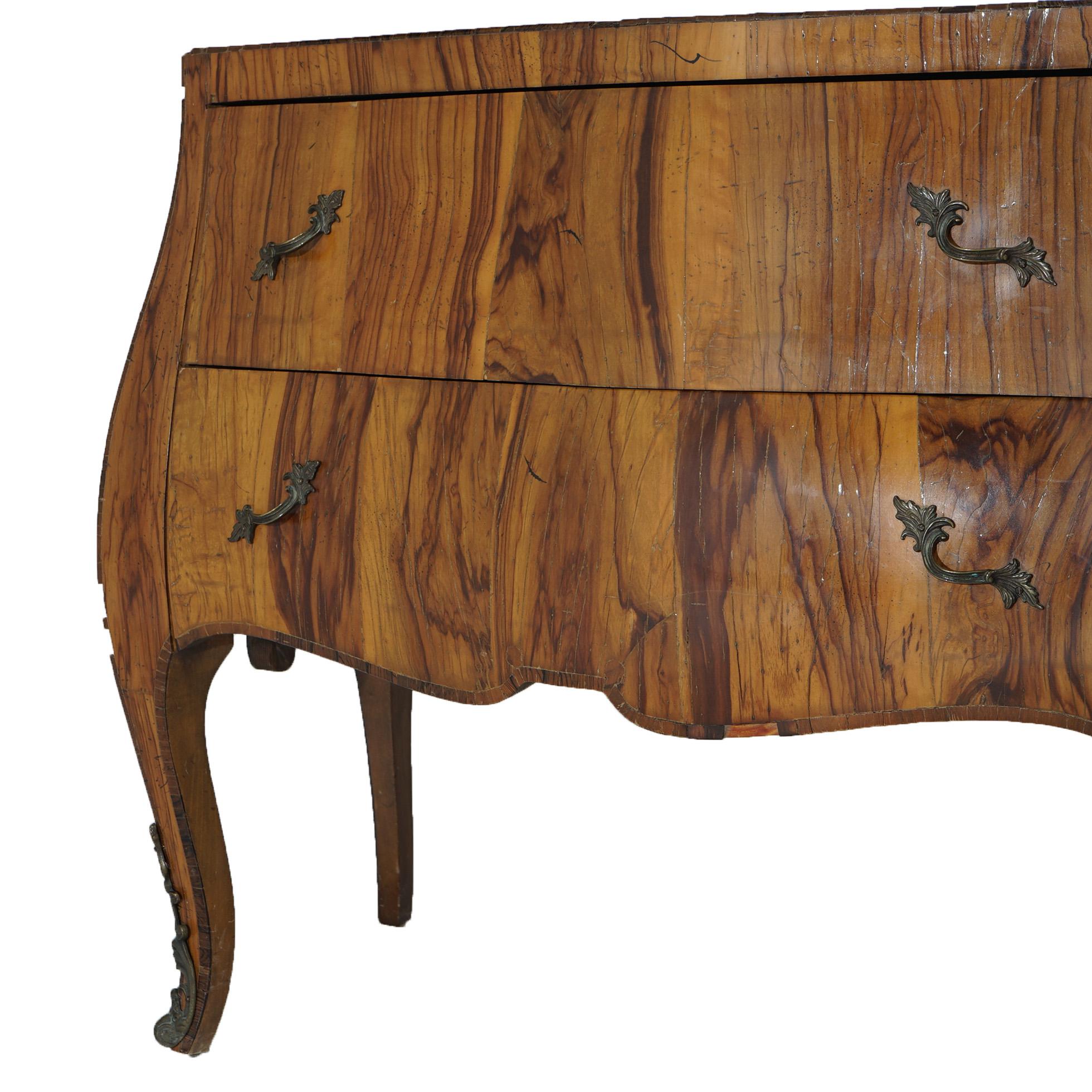 Antique Italian Olive Wood & Ormolu Two Drawer Bombe Commode C1930 1