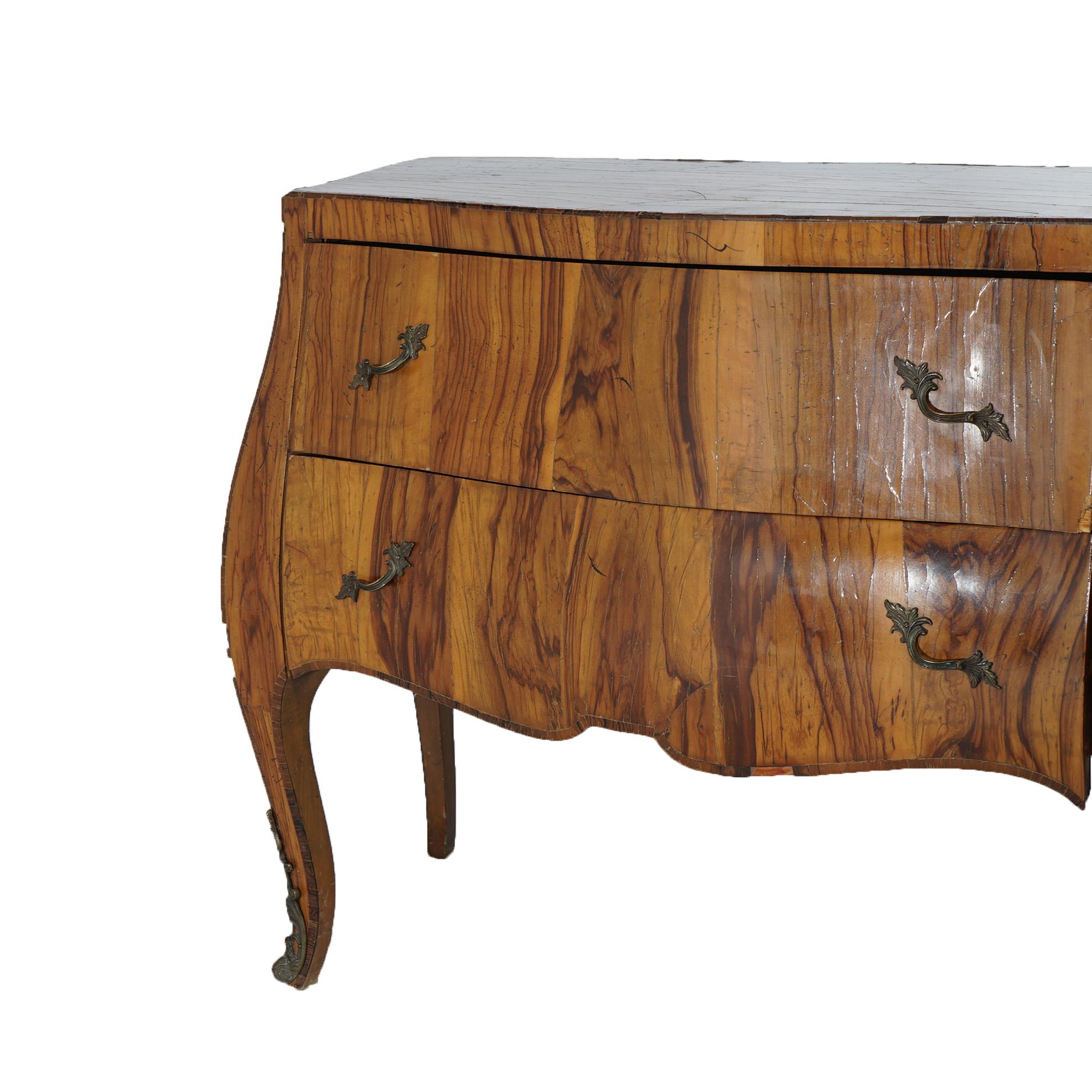 Antique Italian Olive Wood & Ormolu Two Drawer Bombe Commode C1930 2