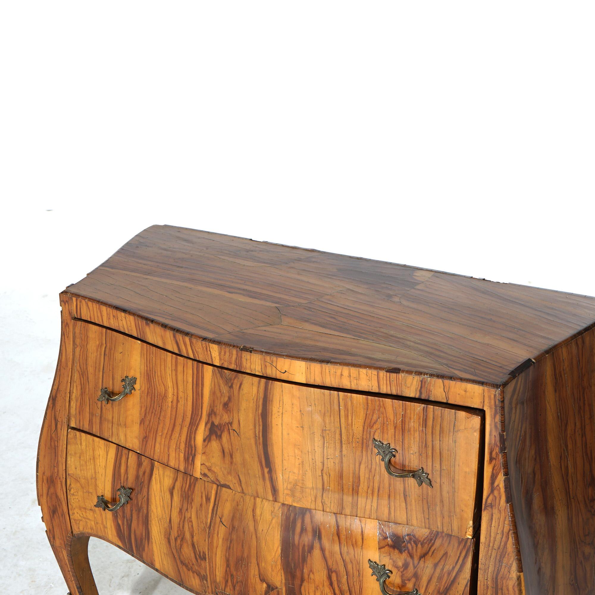 Antique Italian Olive Wood & Ormolu Two Drawer Bombe Commode C1930 3
