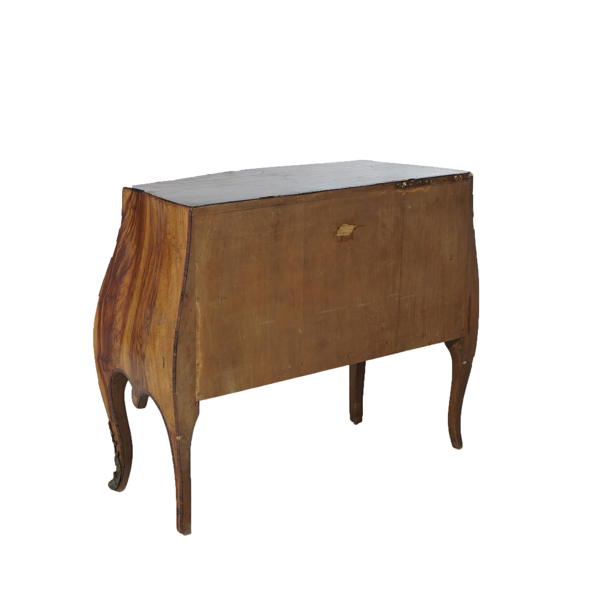 Antique Italian Olive Wood & Ormolu Two Drawer Bombe Commode C1930 4