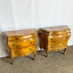 Antique Italian Olive Wood Veneer Bombe Commodes/Nightstands - a Pair