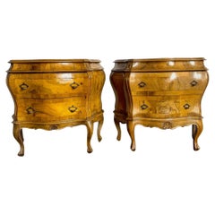 Antique Italian Olive Wood Veneer Bombe Commodes/Nightstands - a Pair