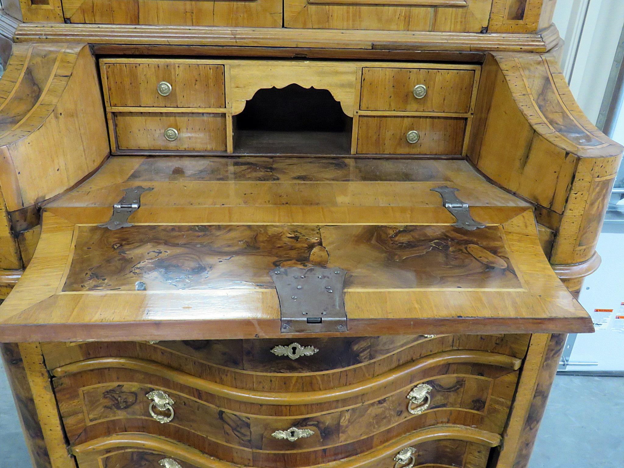 20th Century Antique 1840s Italian Olivewood Secretary Desk with Chunky locks Brass Hinges