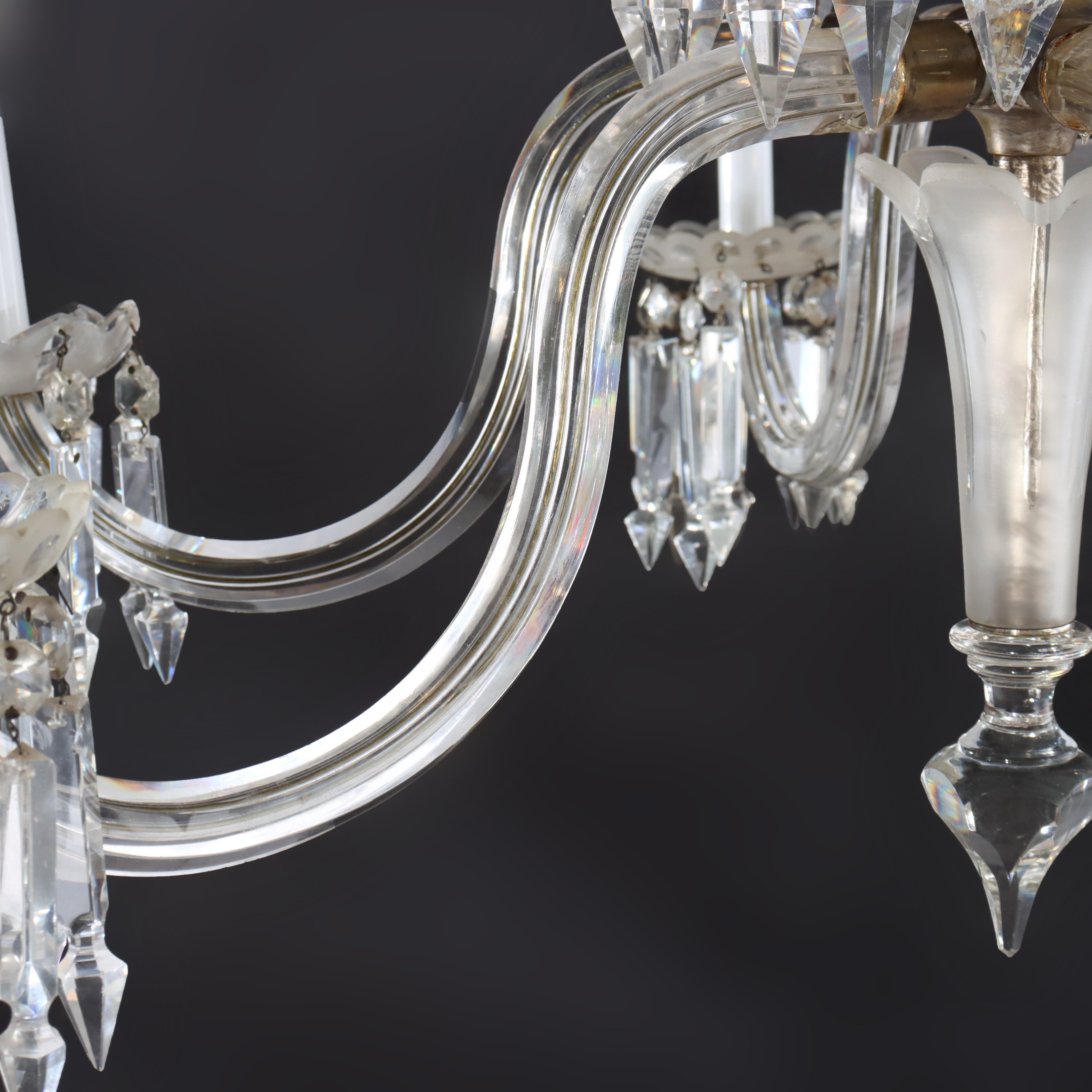 Lustre italien ancien à six lumières en verre opalescent et cristal taillé, vers 1920 en vente 5