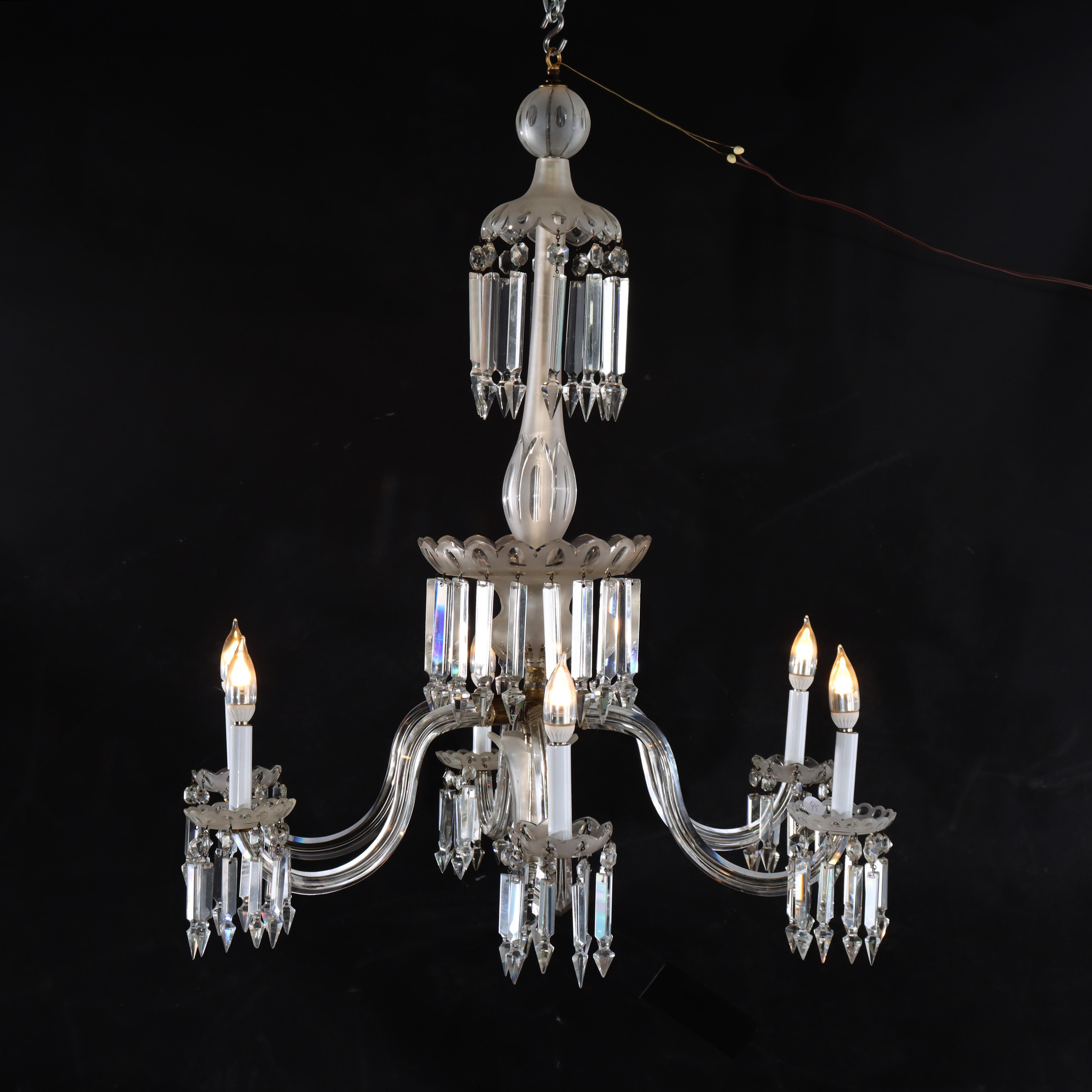 Lustre italien ancien en verre opalescent et cristal taillé à 6 lumières C1920 (38