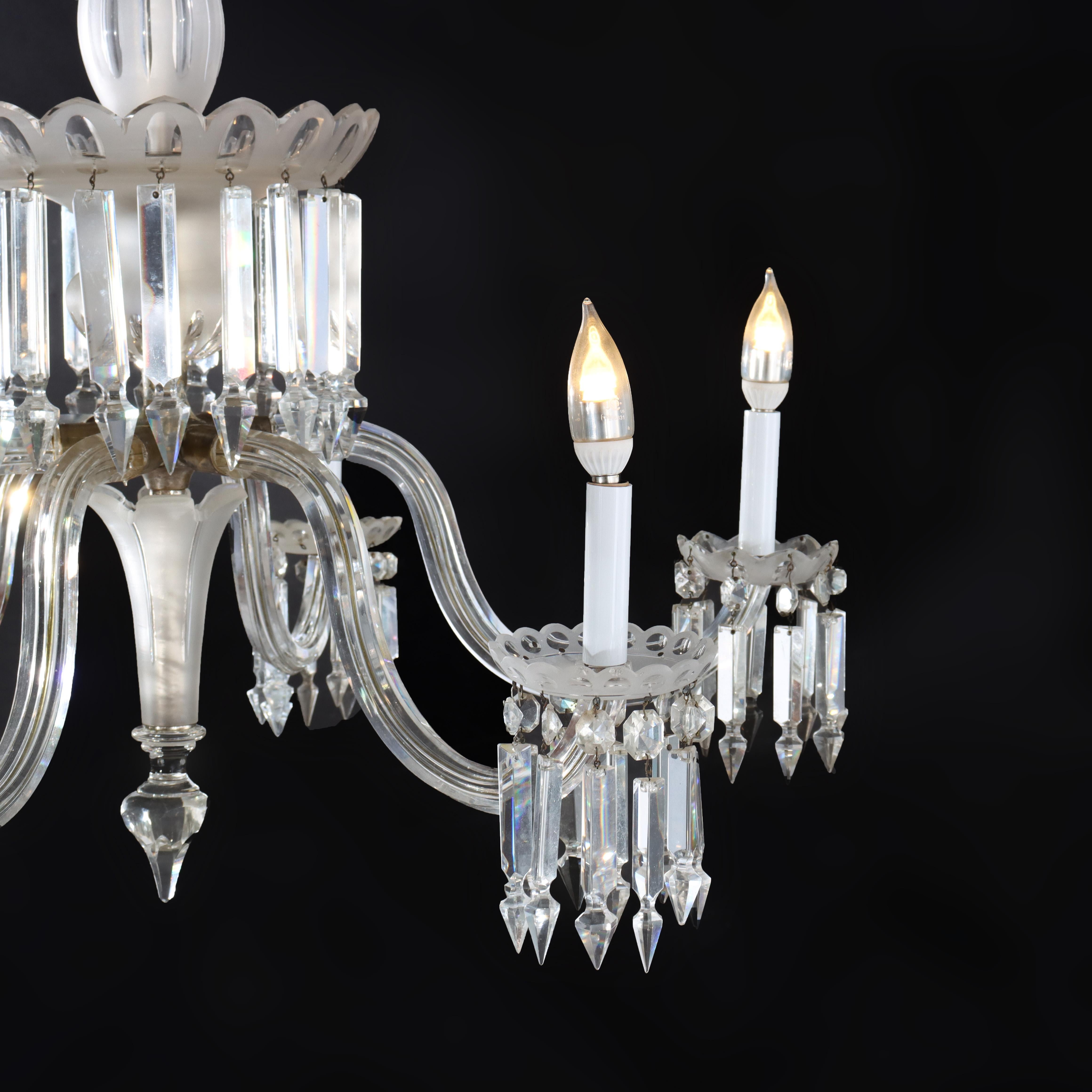 Lustre italien ancien à six lumières en verre opalescent et cristal taillé, vers 1920 Bon état - En vente à Big Flats, NY