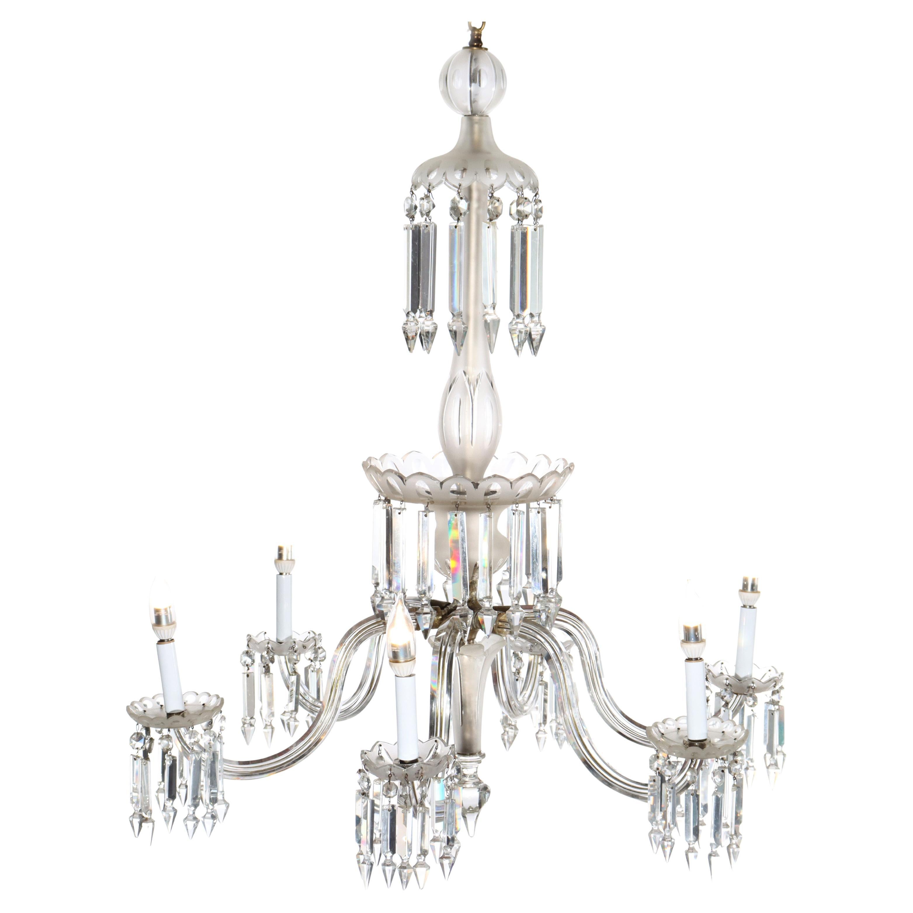 Lustre italien ancien à six lumières en verre opalescent et cristal taillé, vers 1920 en vente